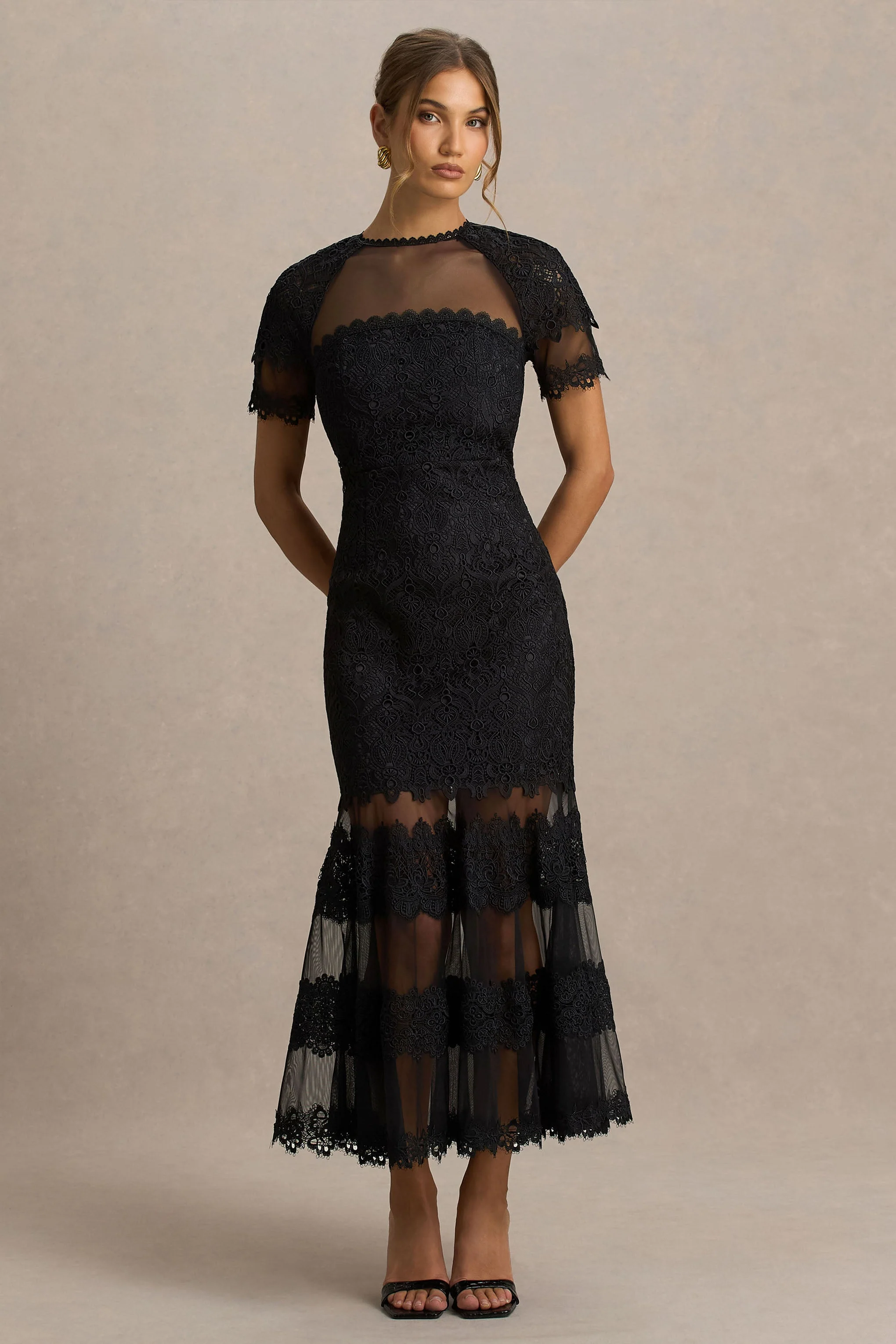 Leanne | Black Mesh And Lace Crew-Neck Fishtail Midi Dress - Image 5