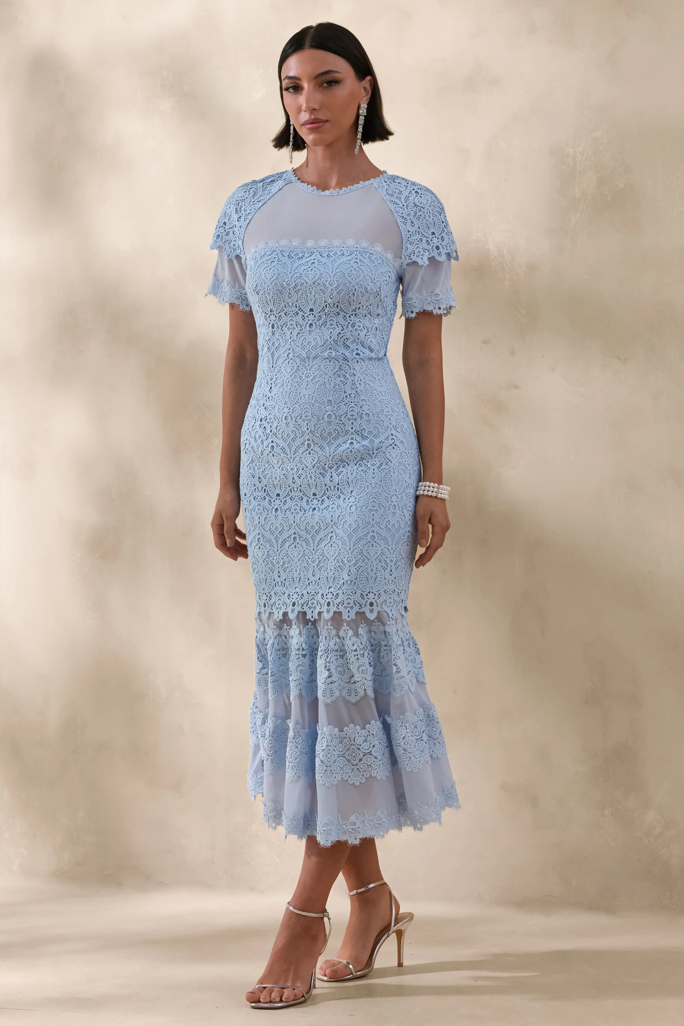 Leanne | Powder Blue Mesh And Lace Crew-Neck Fishtail Midi Dress - Image 4
