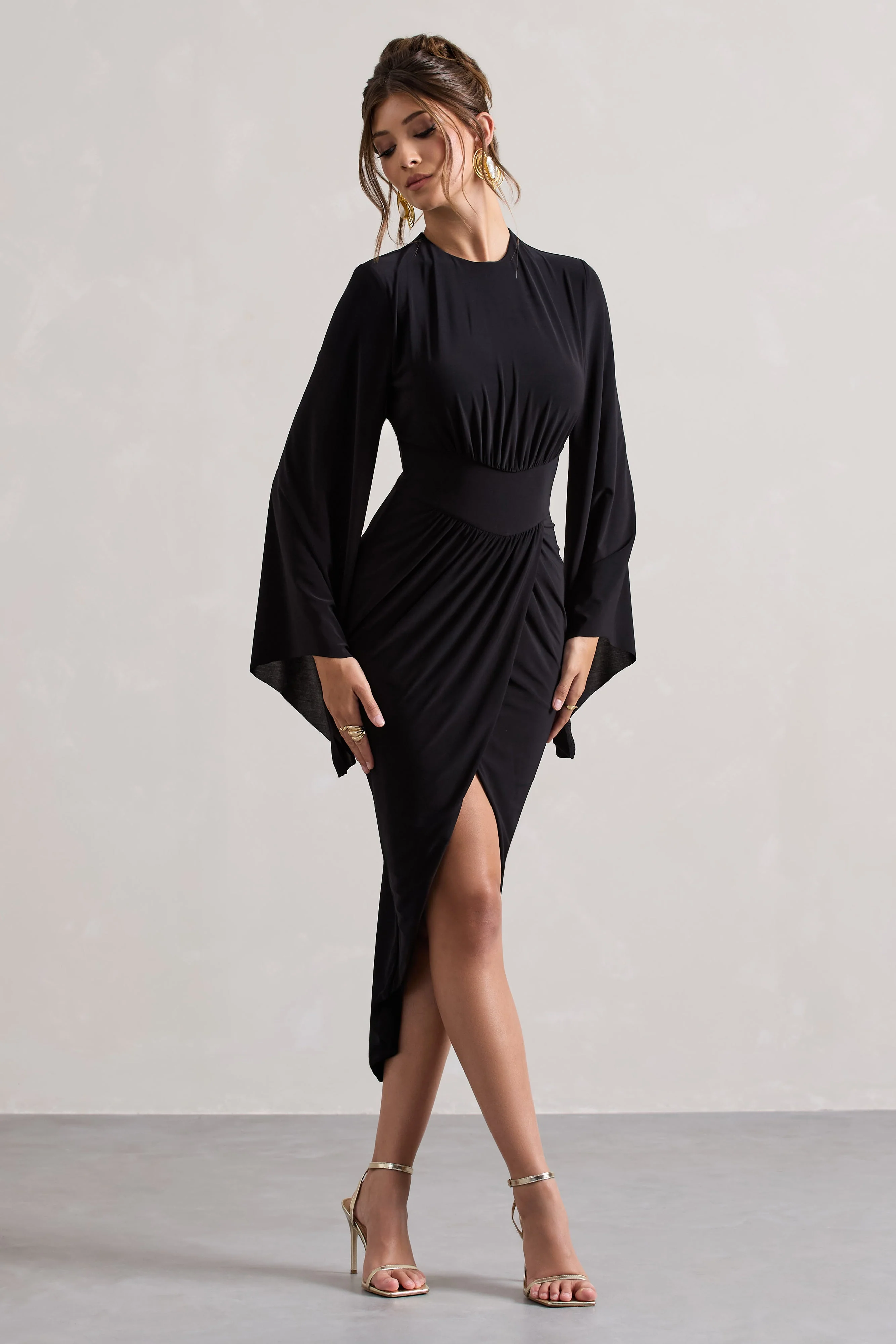 Lennox | Black Drape-Sleeve Gathered Midi Dress - Image 5