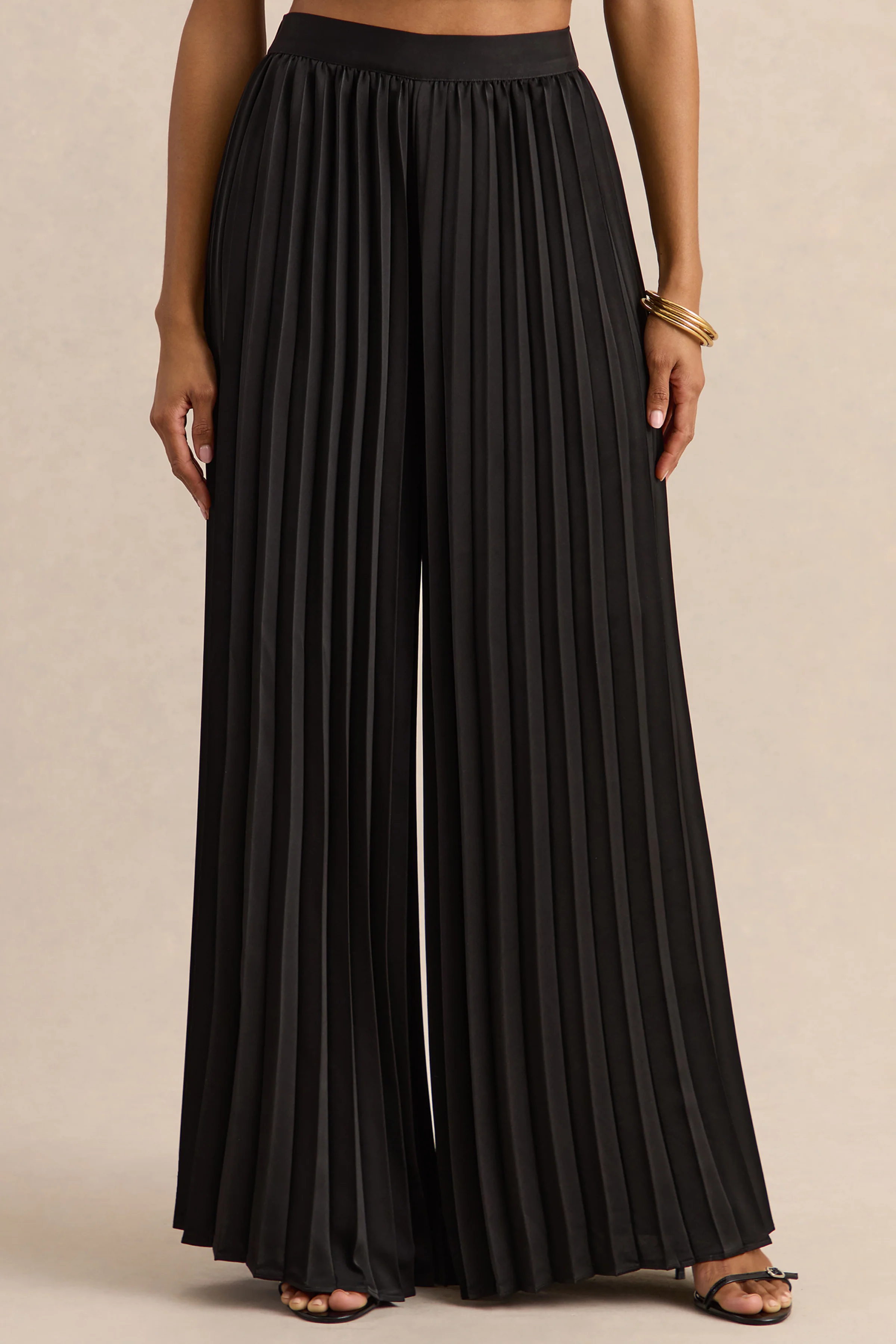 Lerenza | Black Satin Wide-Leg Pleated Trousers - Image 2