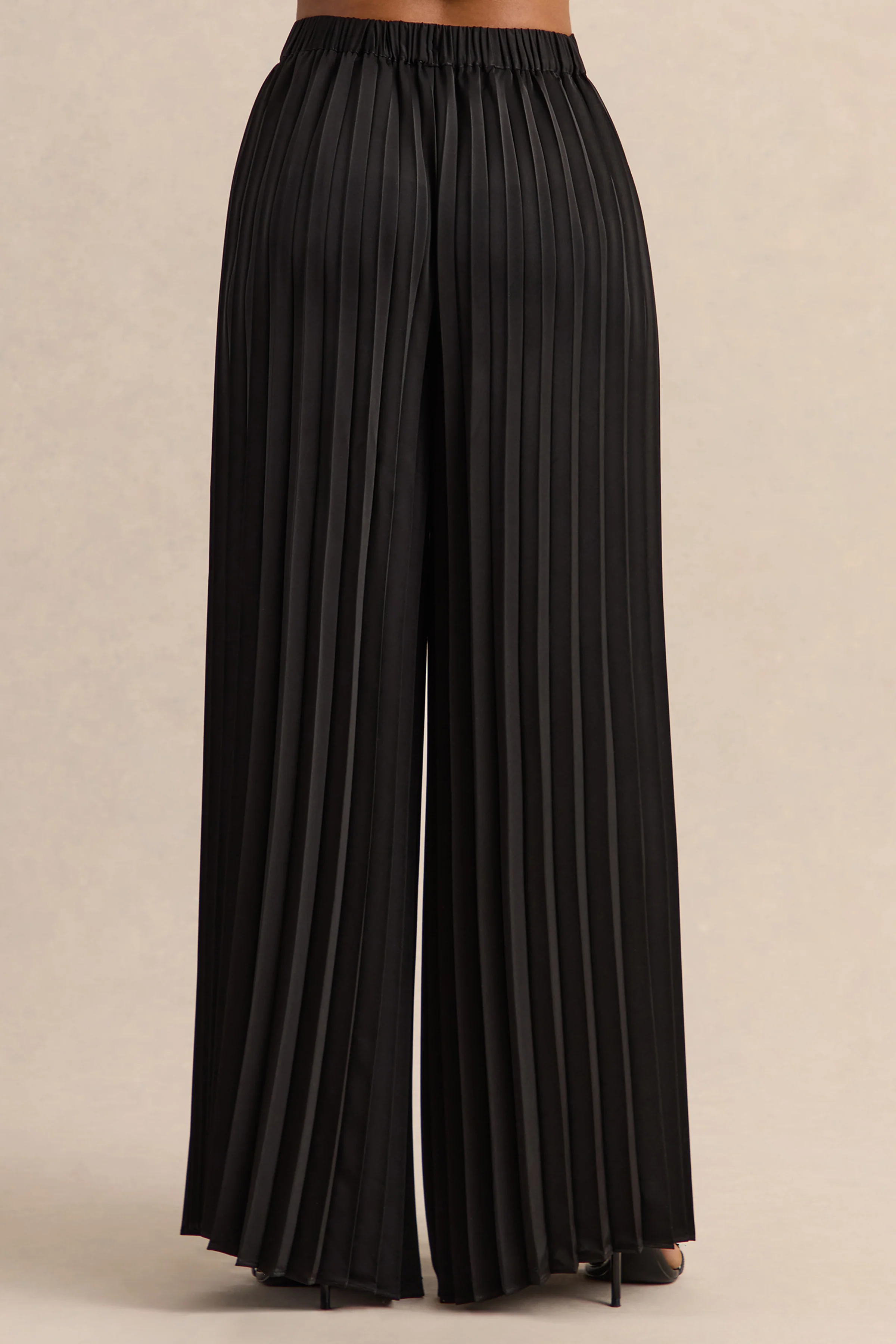 Lerenza | Black Satin Wide-Leg Pleated Trousers - Image 4