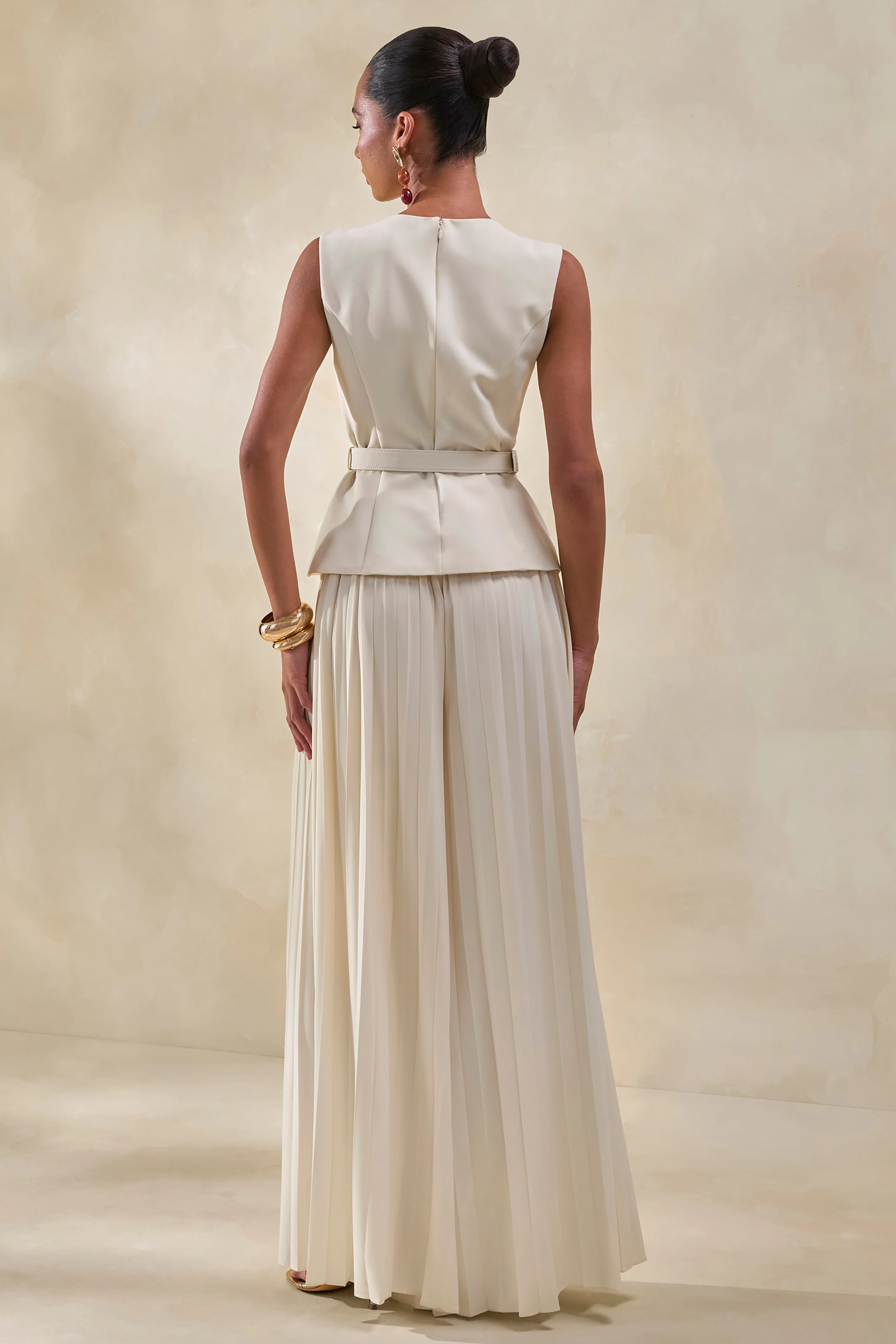 Lerenza | Cream Satin Wide-Leg Pleated Trousers - Image 3