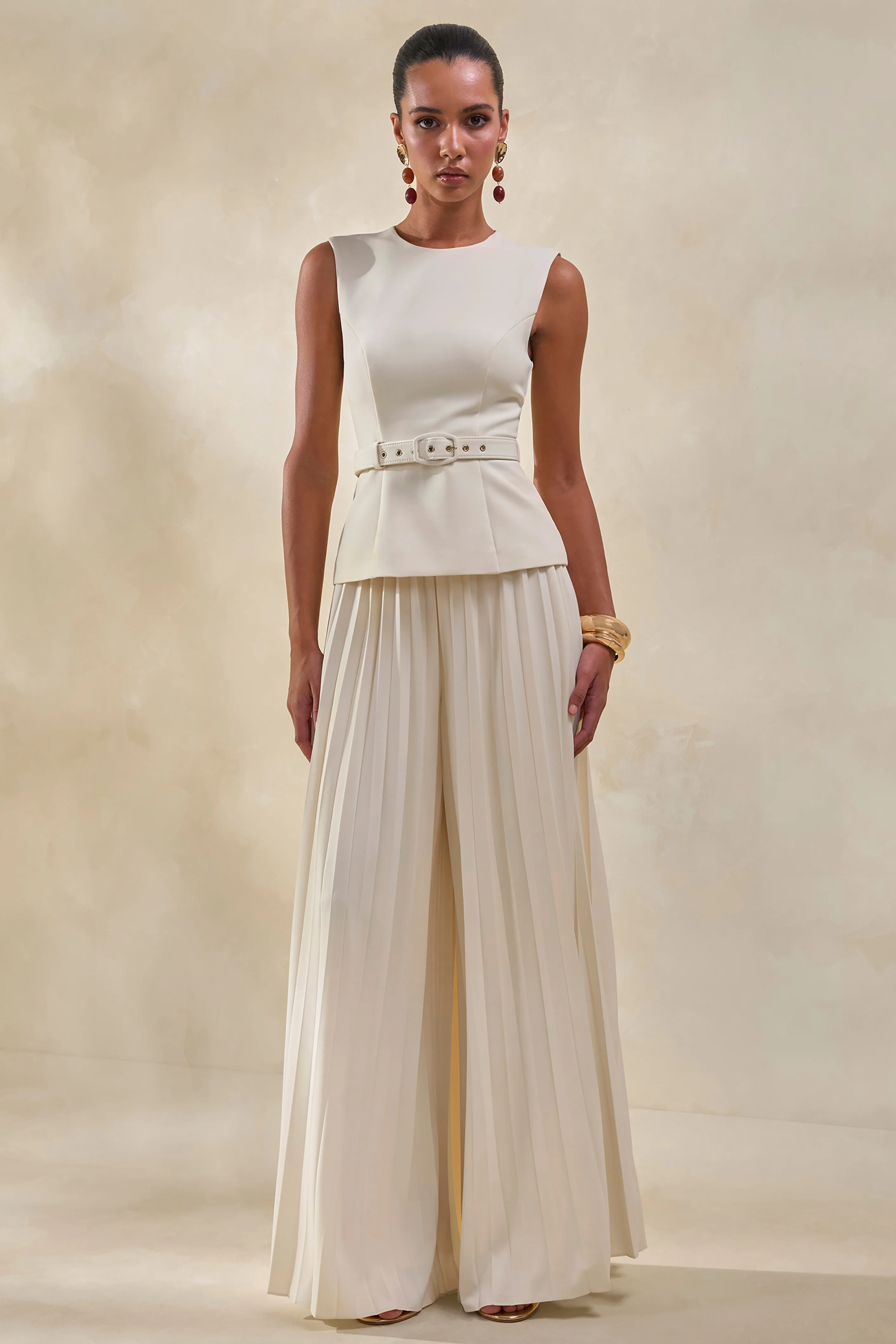 Lerenza | Cream Satin Wide-Leg Pleated Trousers - Image 5