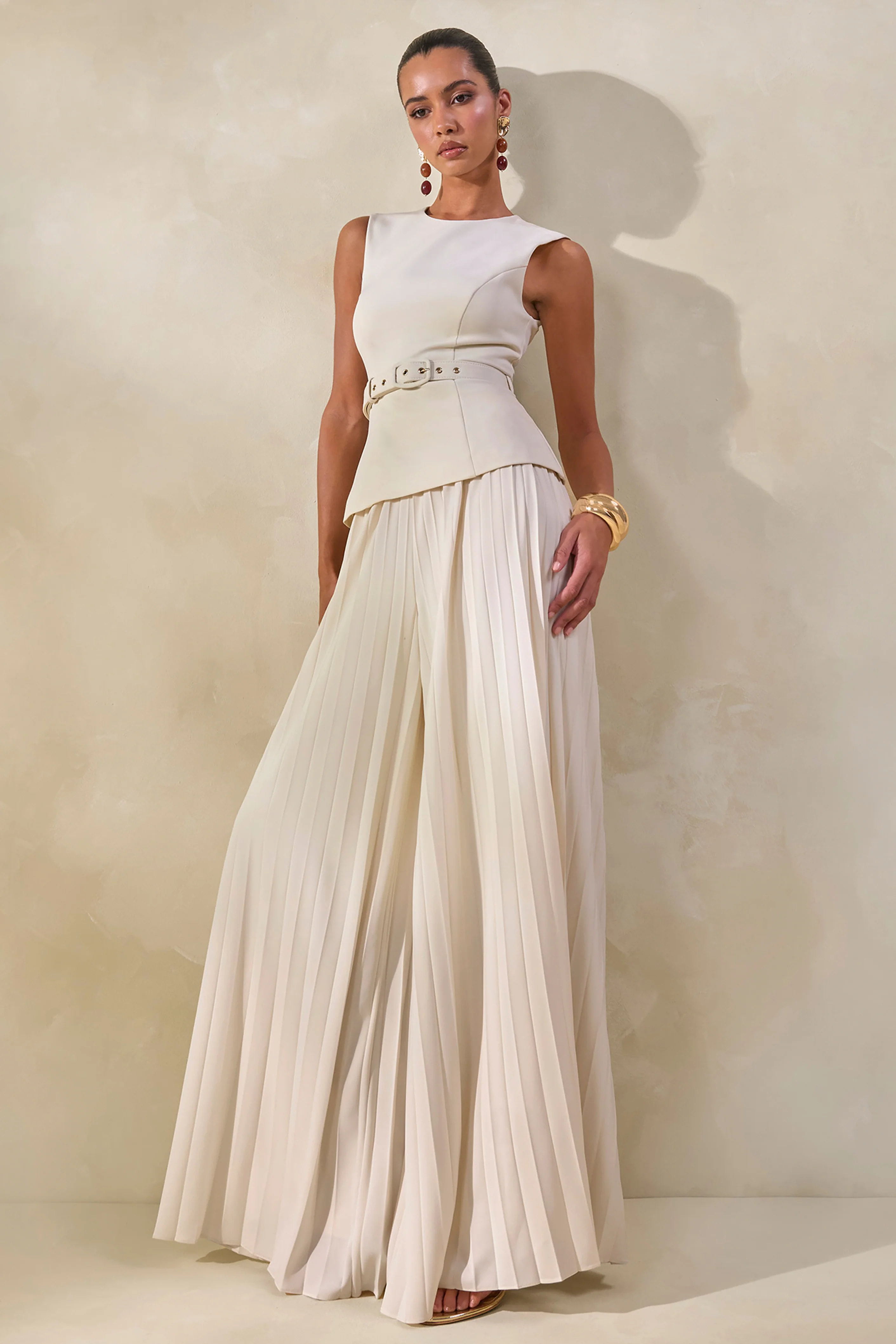 Lerenza | Cream Satin Wide-Leg Pleated Trousers - Image 6