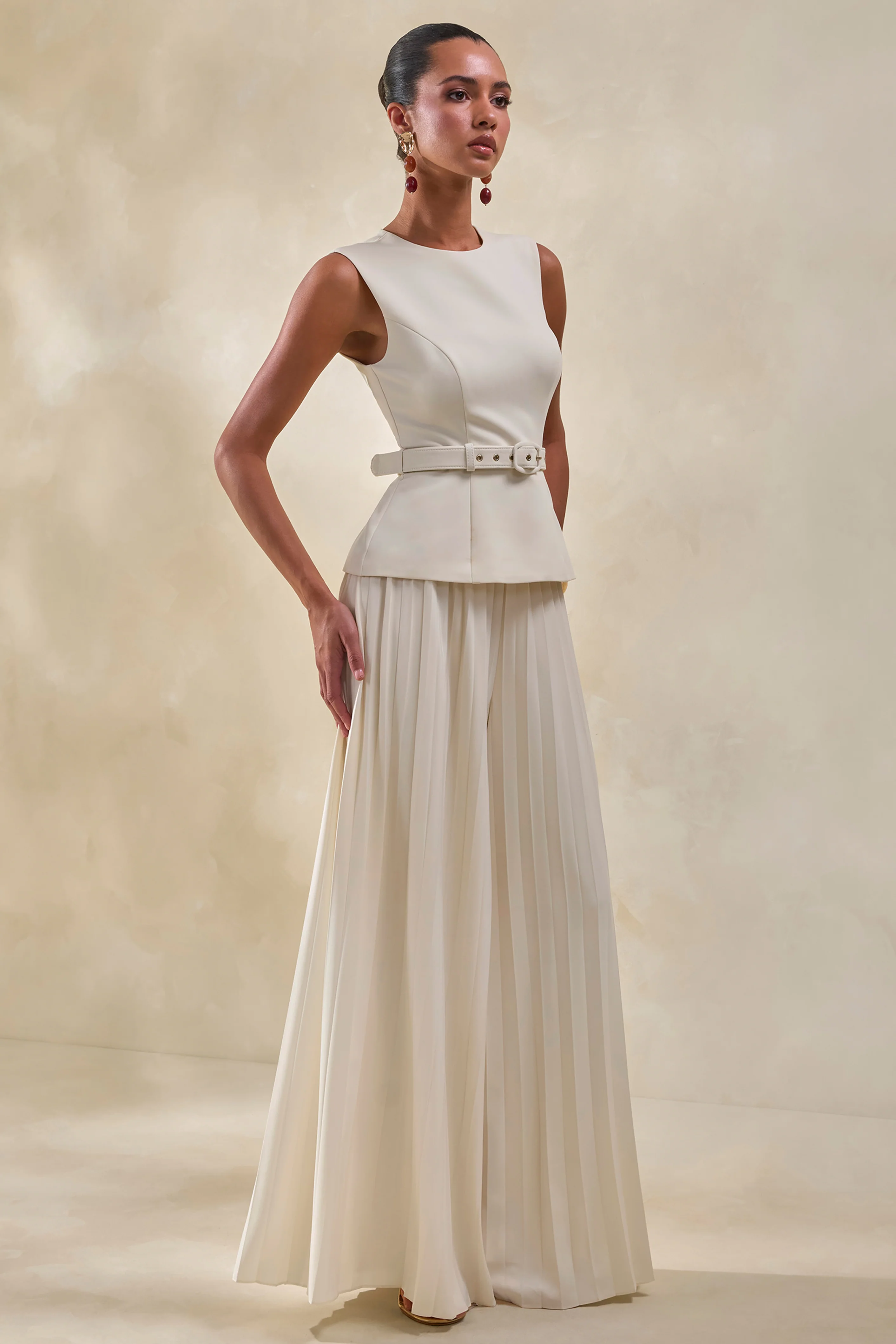 Lerenza | Cream Satin Wide-Leg Pleated Trousers - Image 7