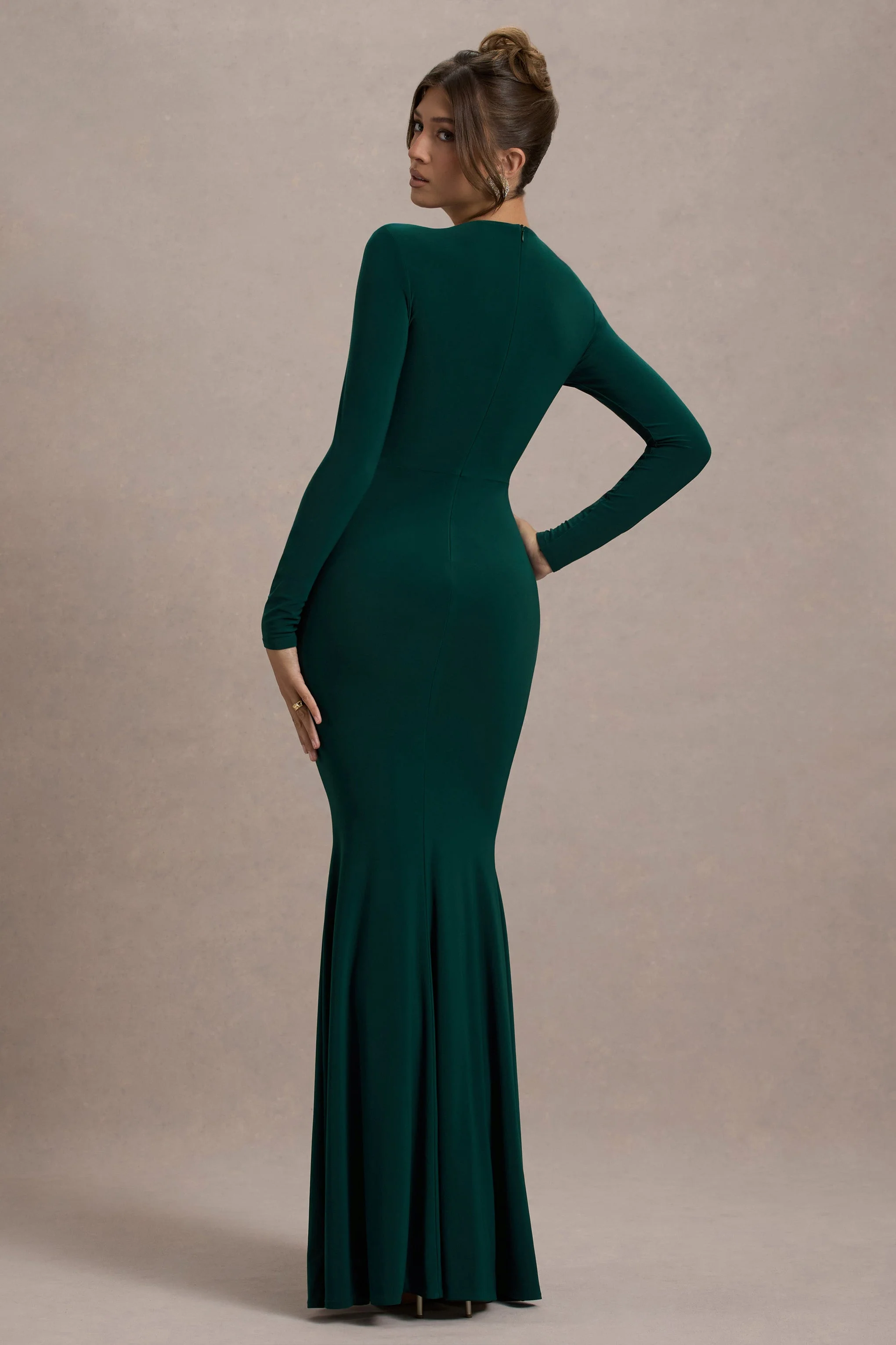 Leslie | Bottle Green Long-Sleeve Twisted Split Maxi Dress - Image 2