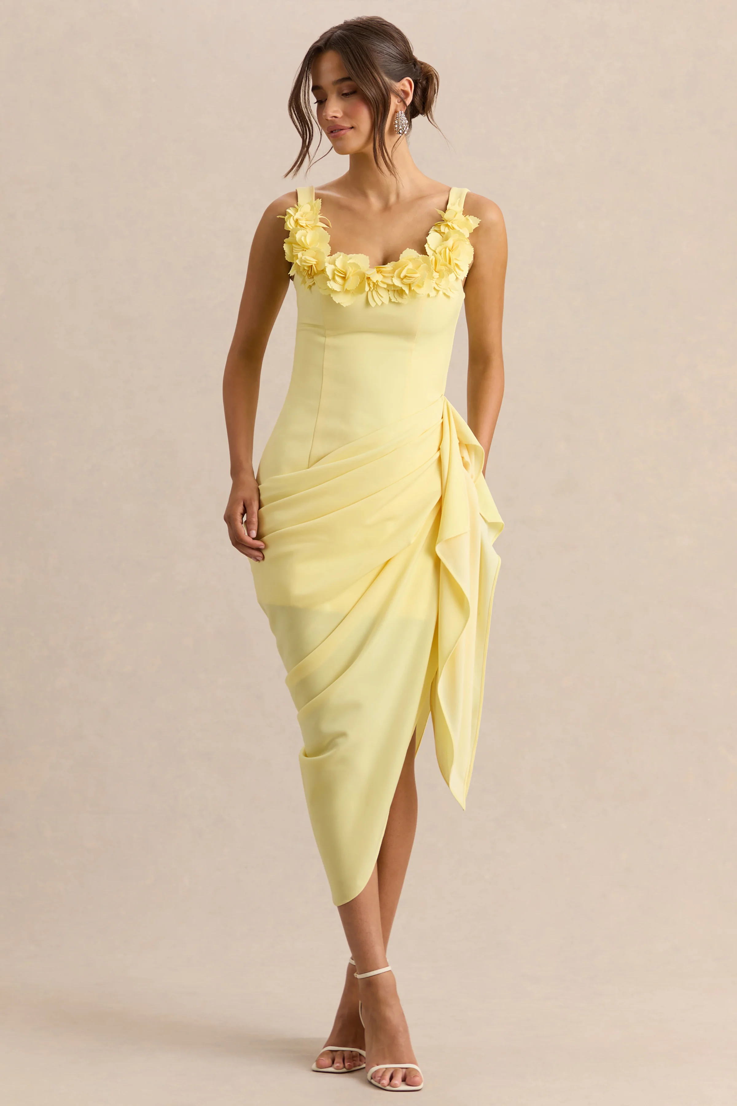 Letitia | Lemon Square-Neck Floral Detailed Wrap Midi Dress