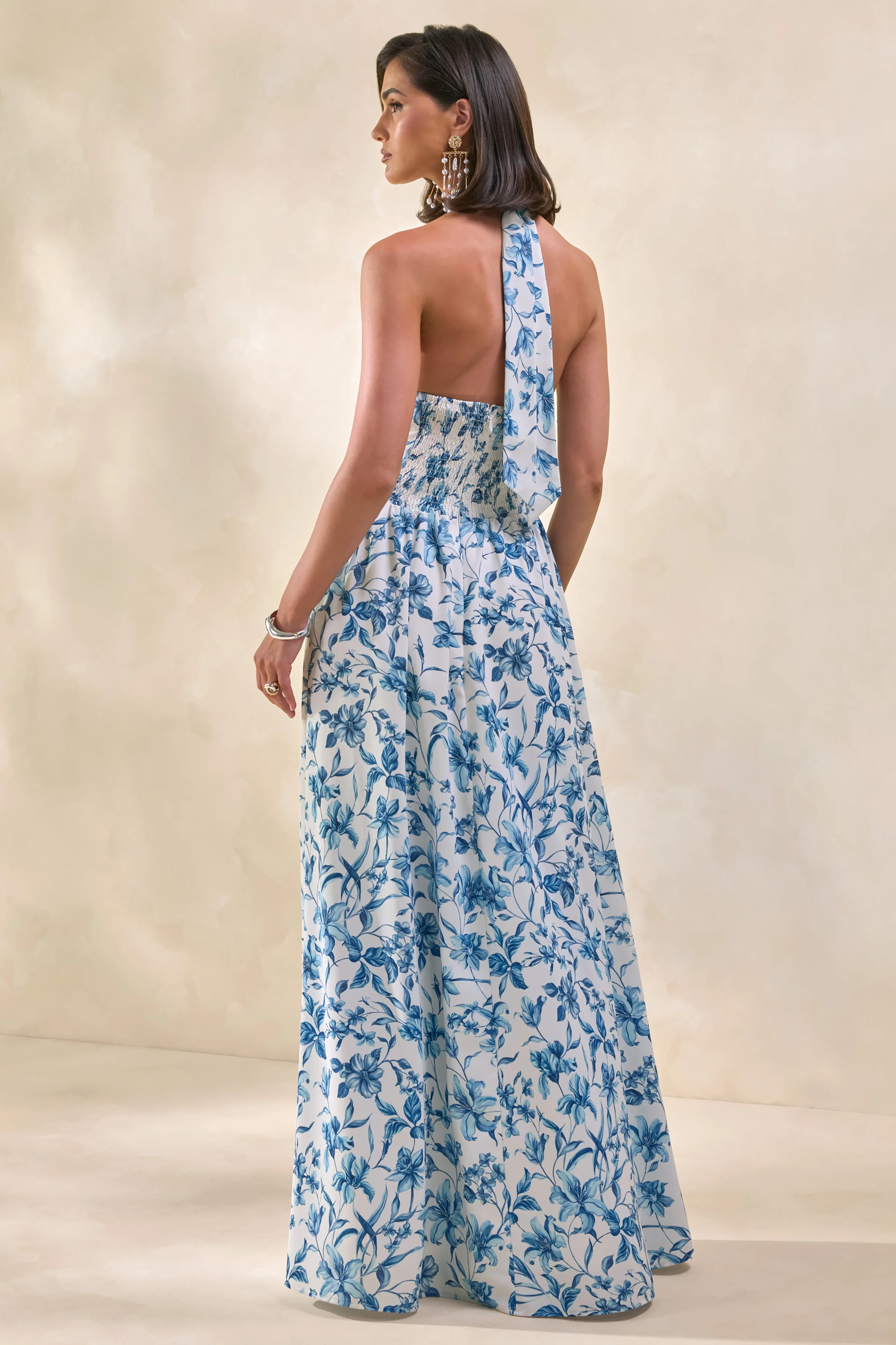 Liana | Blue Porcelain Print Halter-Neck Maxi Dress - Image 2