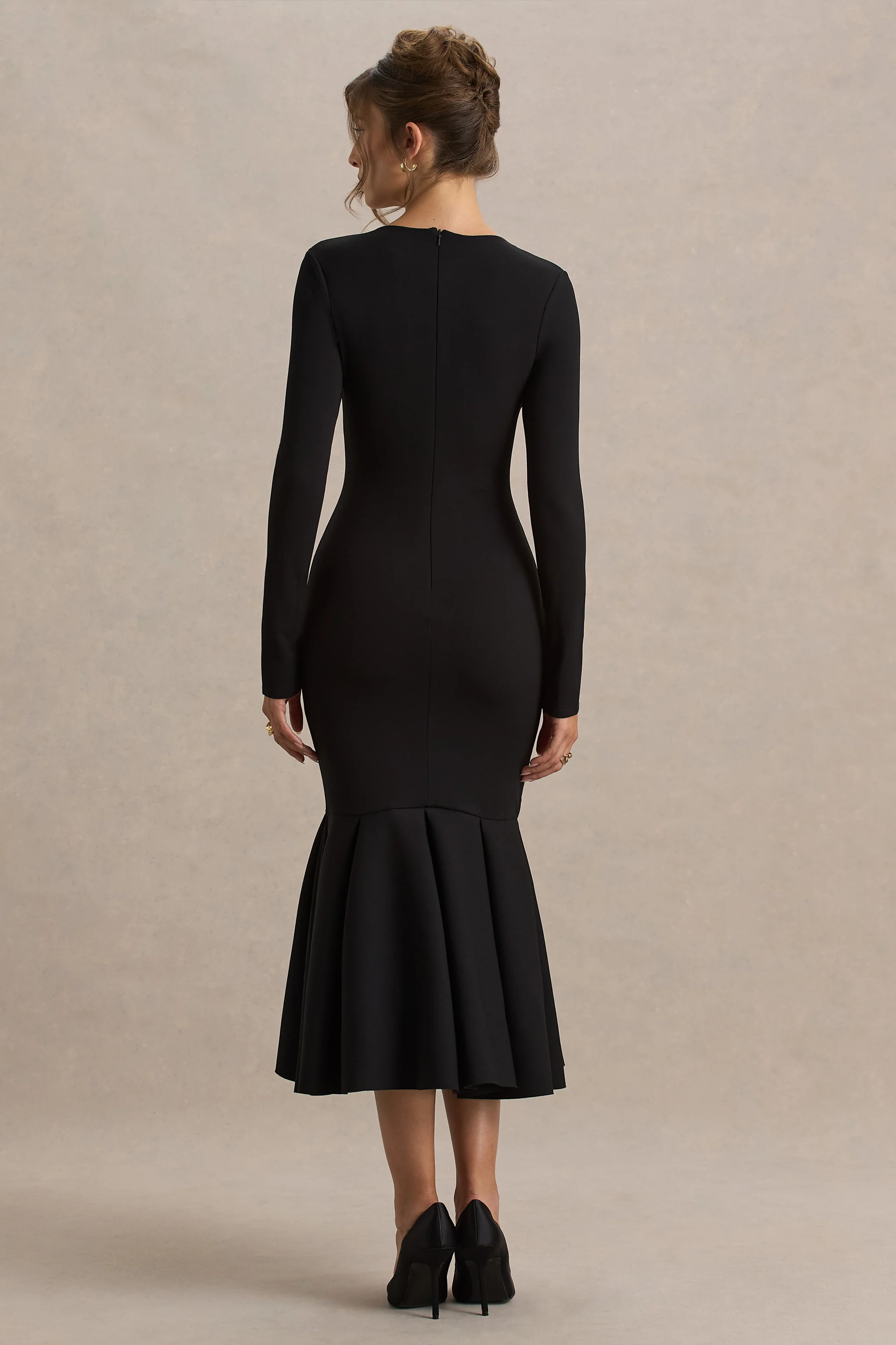 Liberty | Black High Neck Mermaid Midi Dress With Ruffling Detail - Image 2