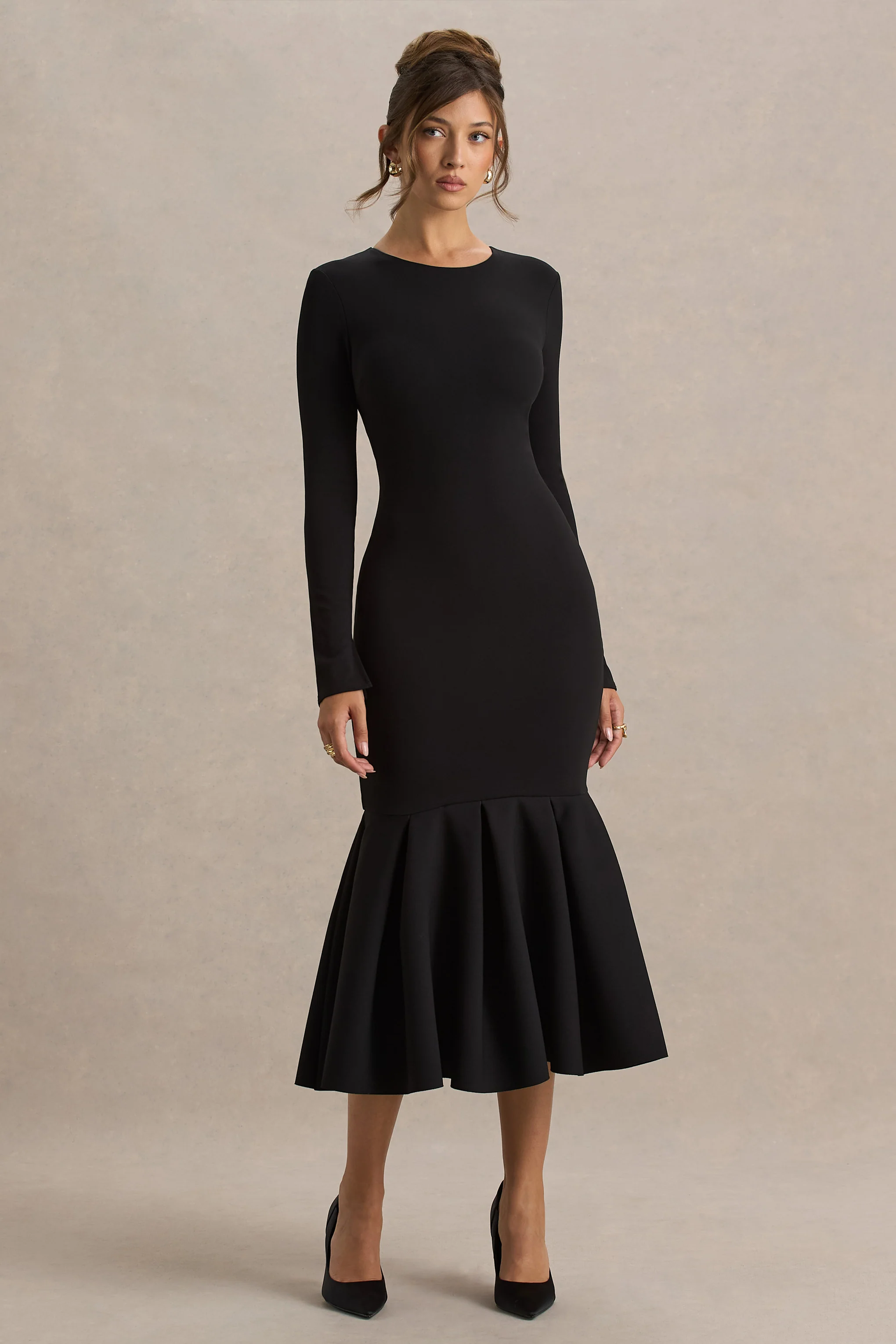 Liberty | Black High Neck Mermaid Midi Dress With Ruffling Detail - Image 3