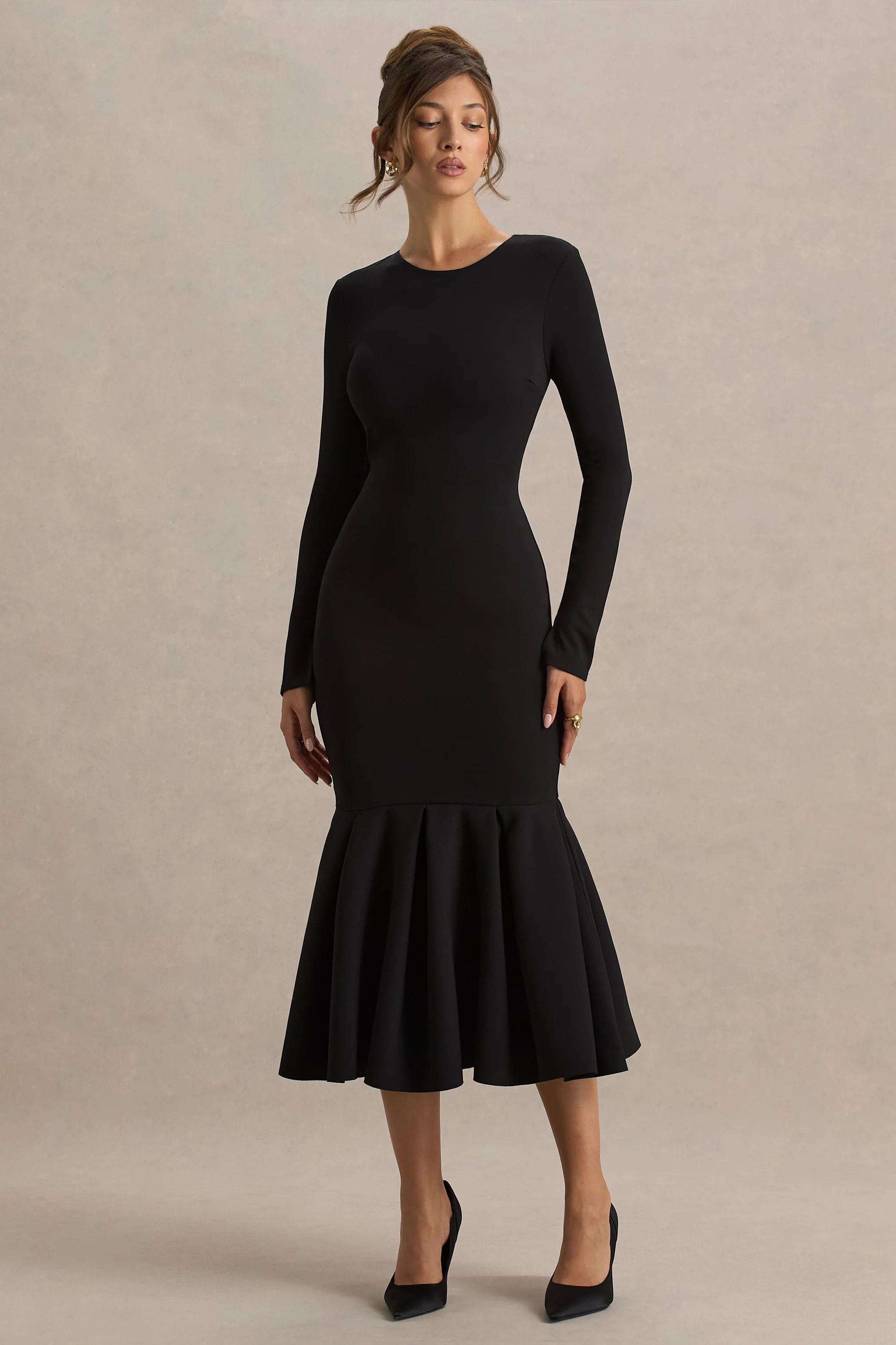 Liberty | Black High Neck Mermaid Midi Dress With Ruffling Detail - Image 4