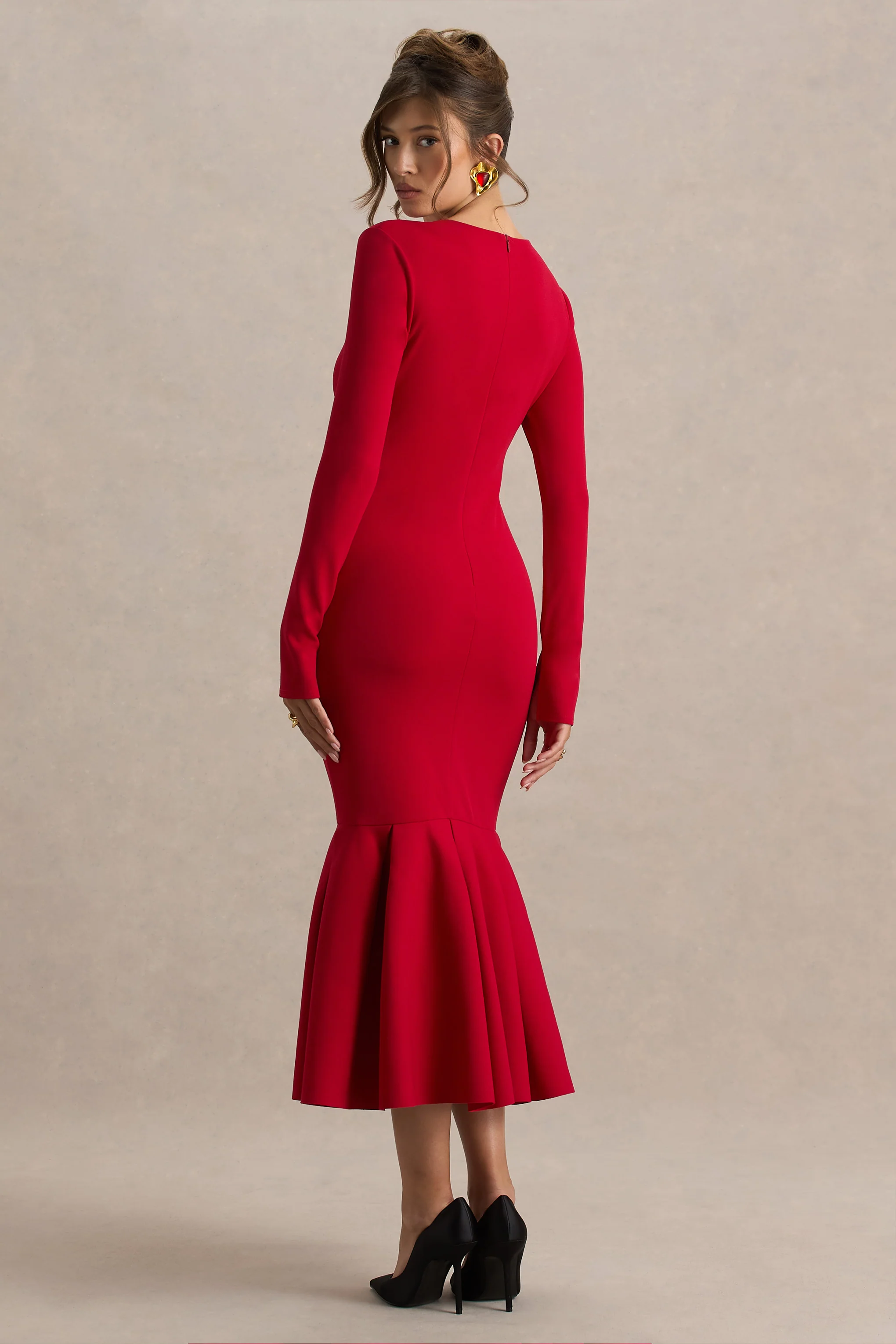 Liberty | Red High Neck Mermaid Midi Dress With Ruffling Detail - Image 2