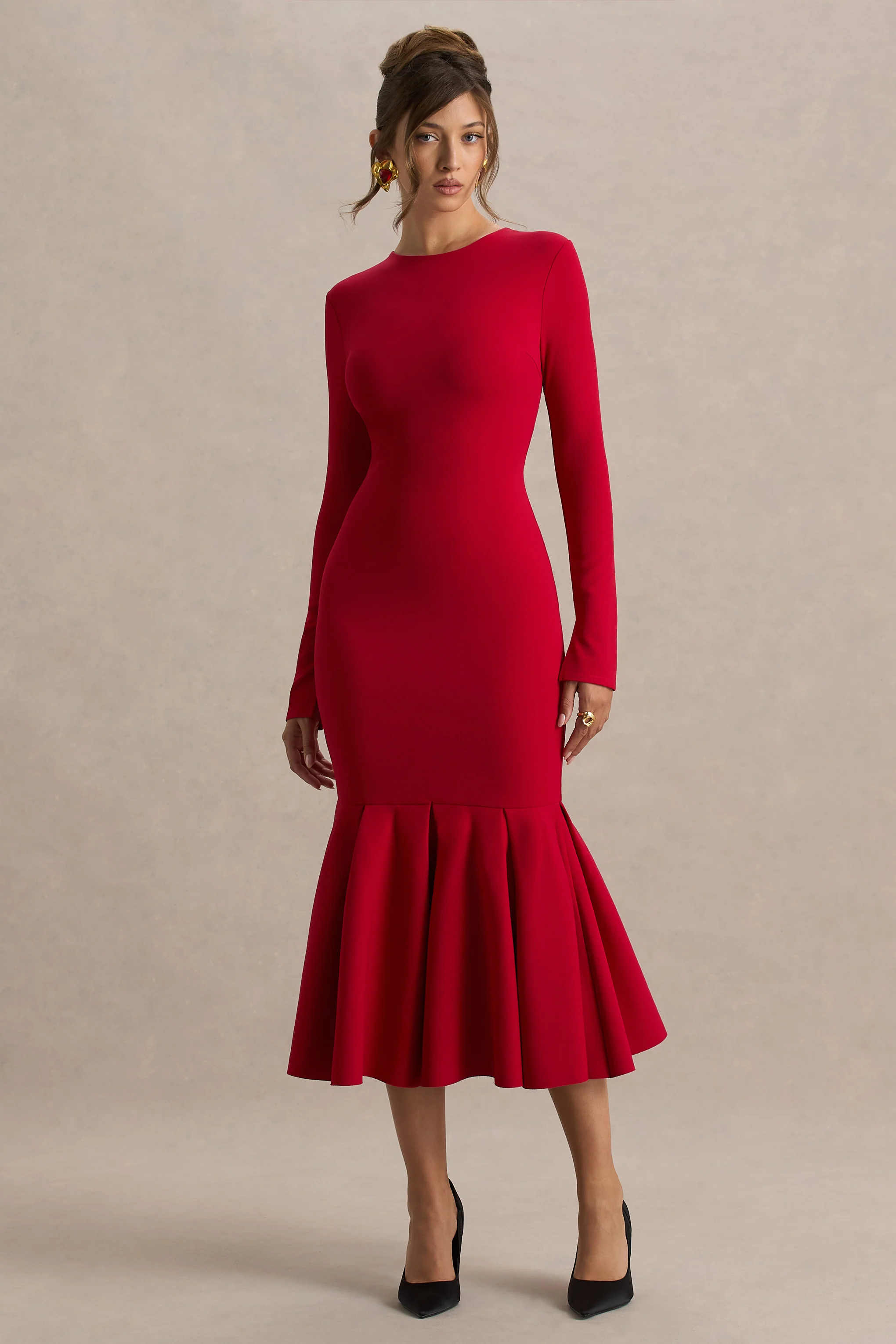 Liberty | Red High Neck Mermaid Midi Dress With Ruffling Detail - Image 5