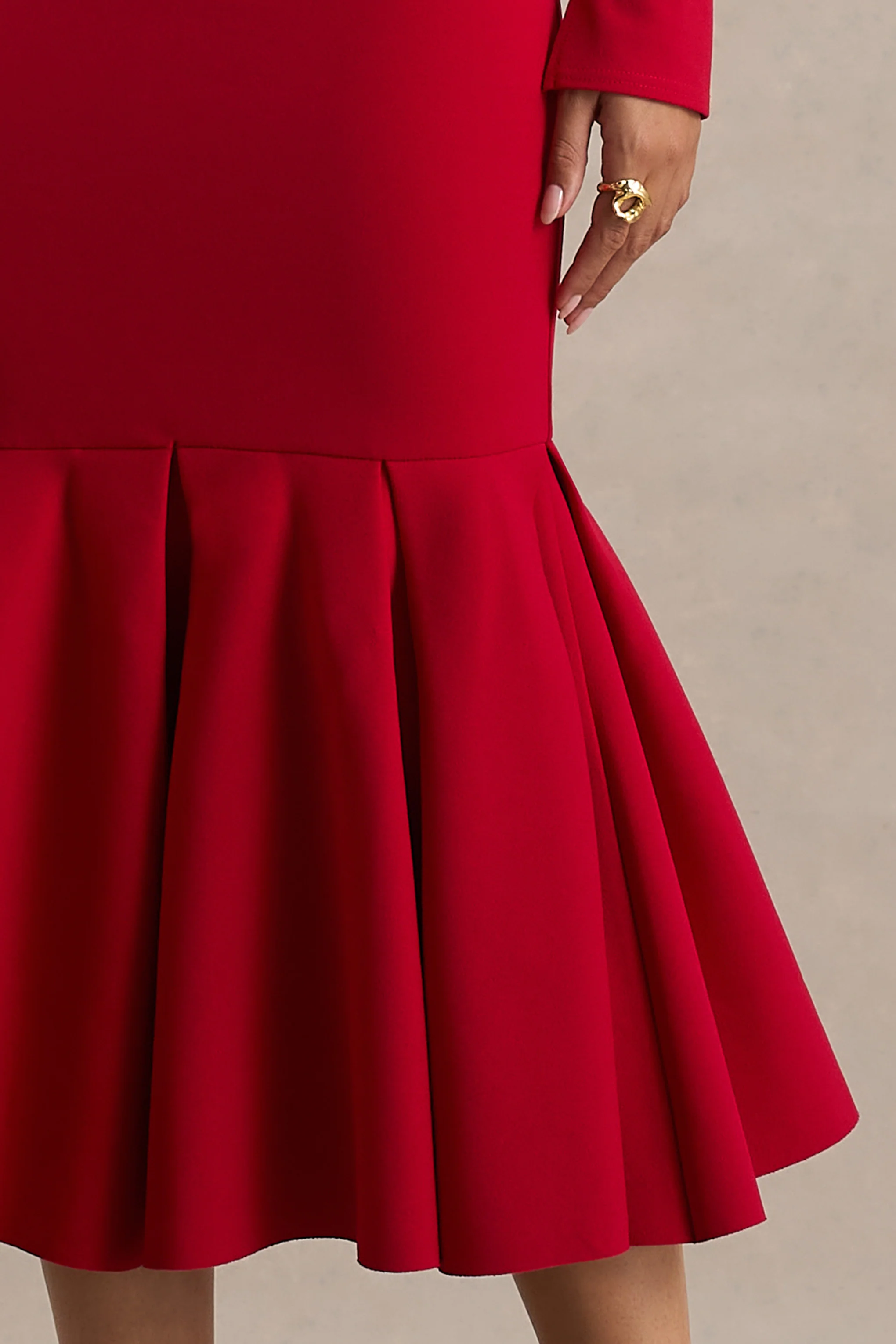 Liberty | Red High Neck Mermaid Midi Dress With Ruffling Detail - Image 6