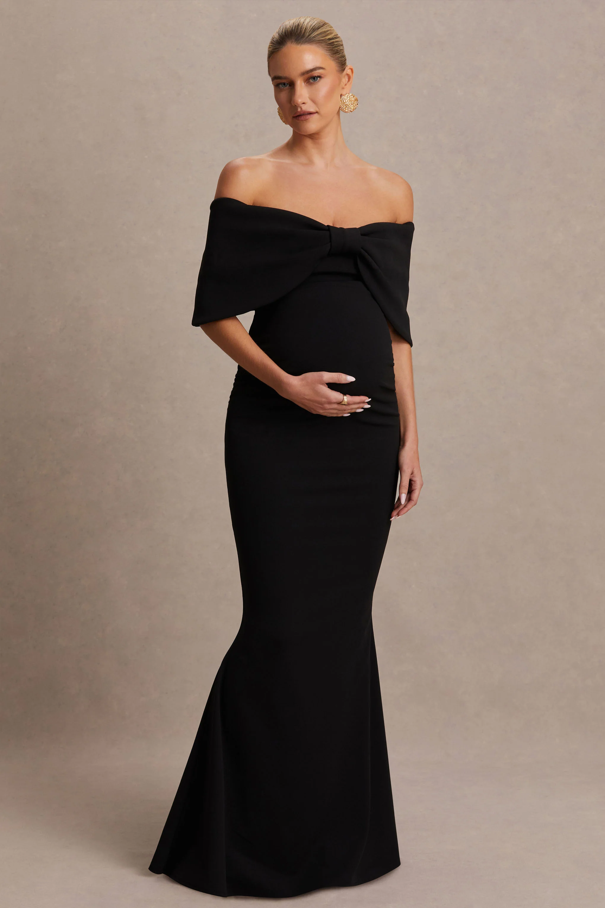 Libra | Black Bow Bardot Maternity Maxi Dress - Image 4