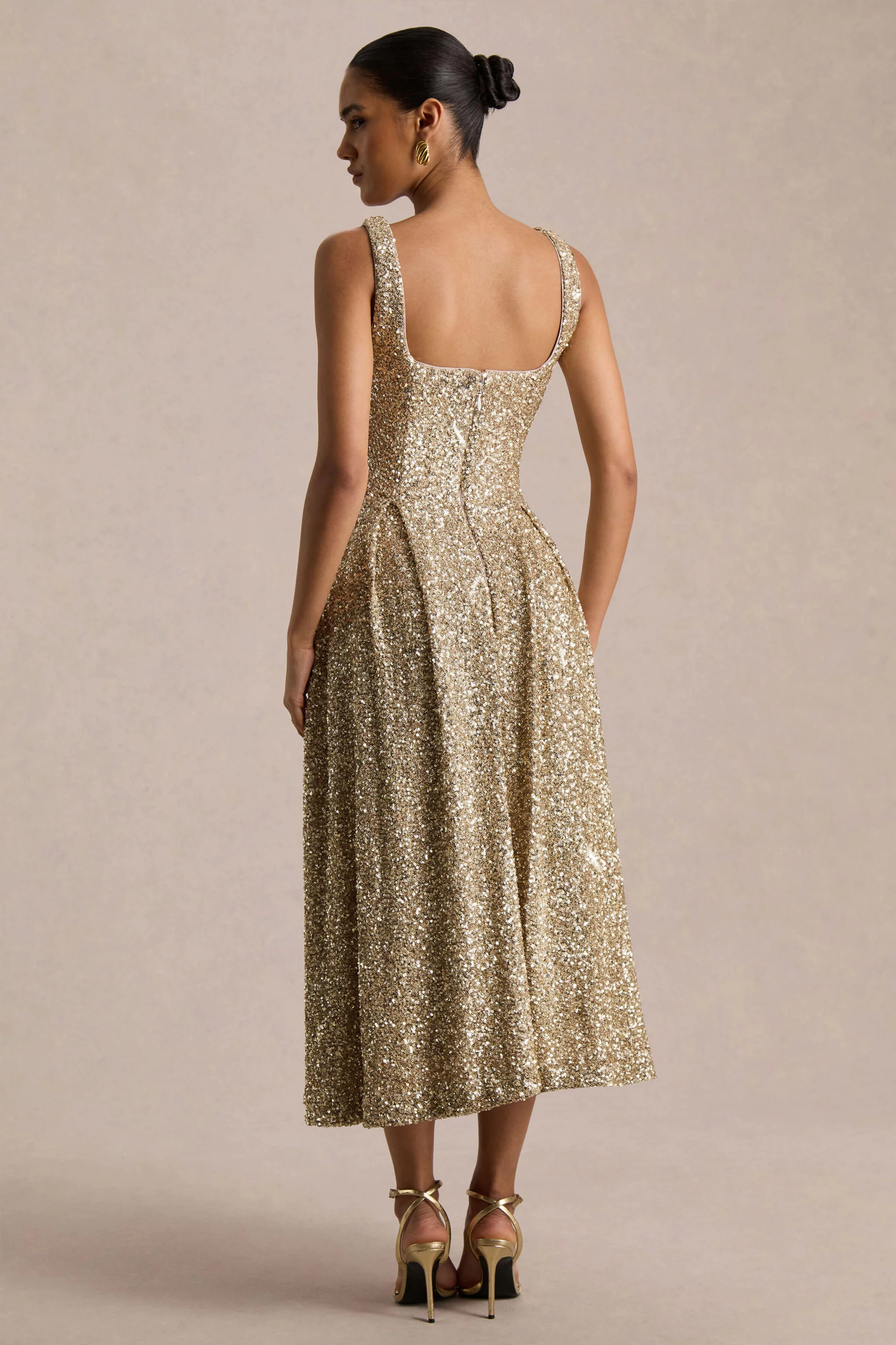 Lima | Champagne Sequin Square-Neck A-Line Midi Dress - Image 2