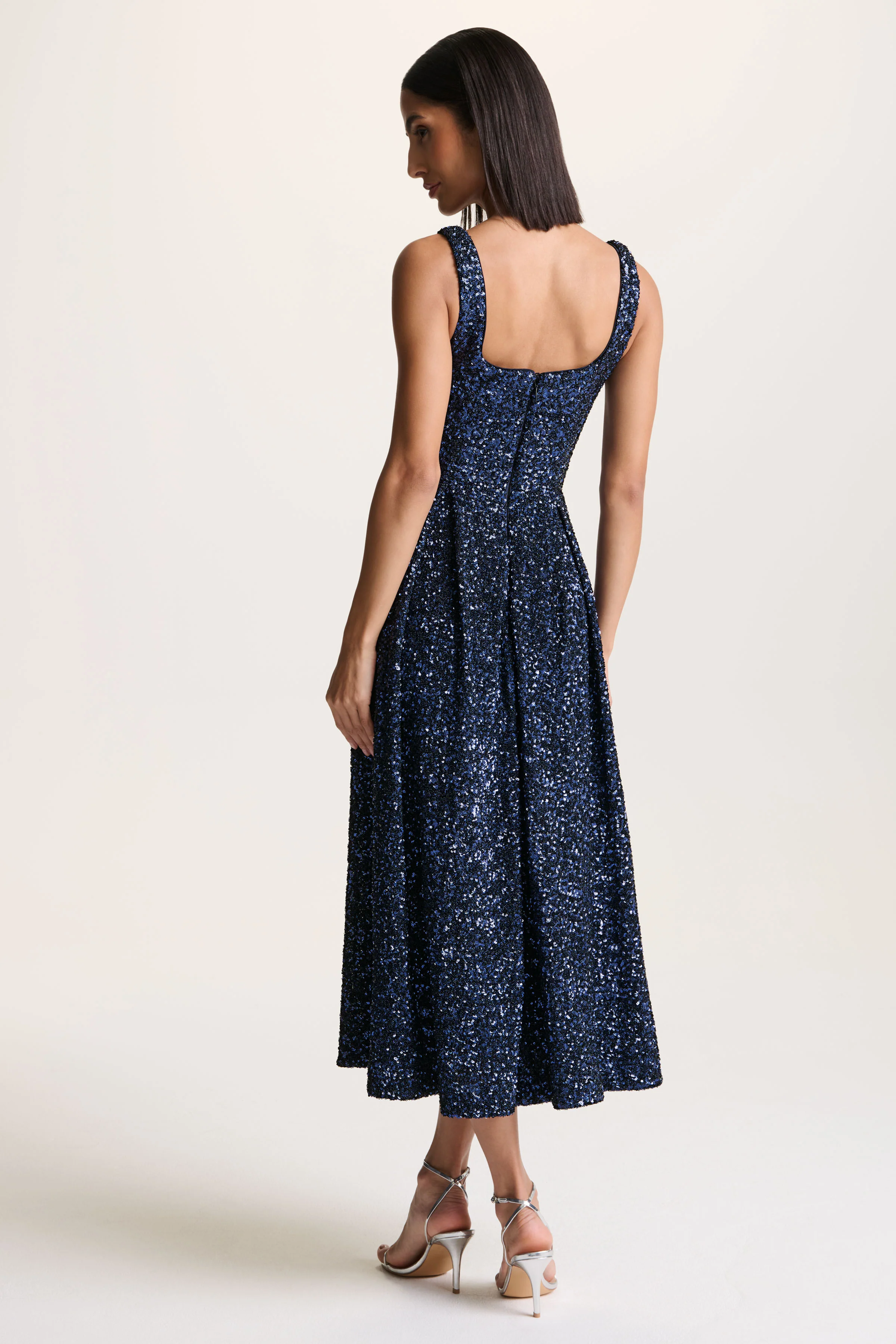 Lima | Navy Sequin Square-Neck A-Line Midi Dress - Image 2