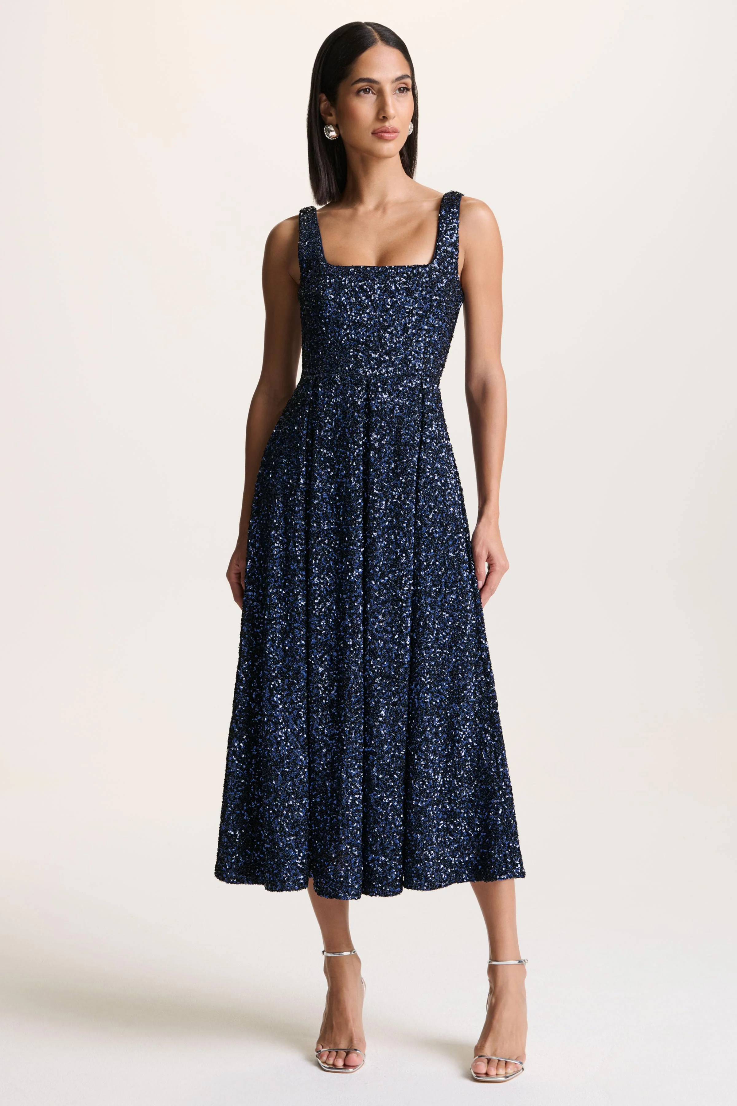 Lima | Navy Sequin Square-Neck A-Line Midi Dress - Image 4