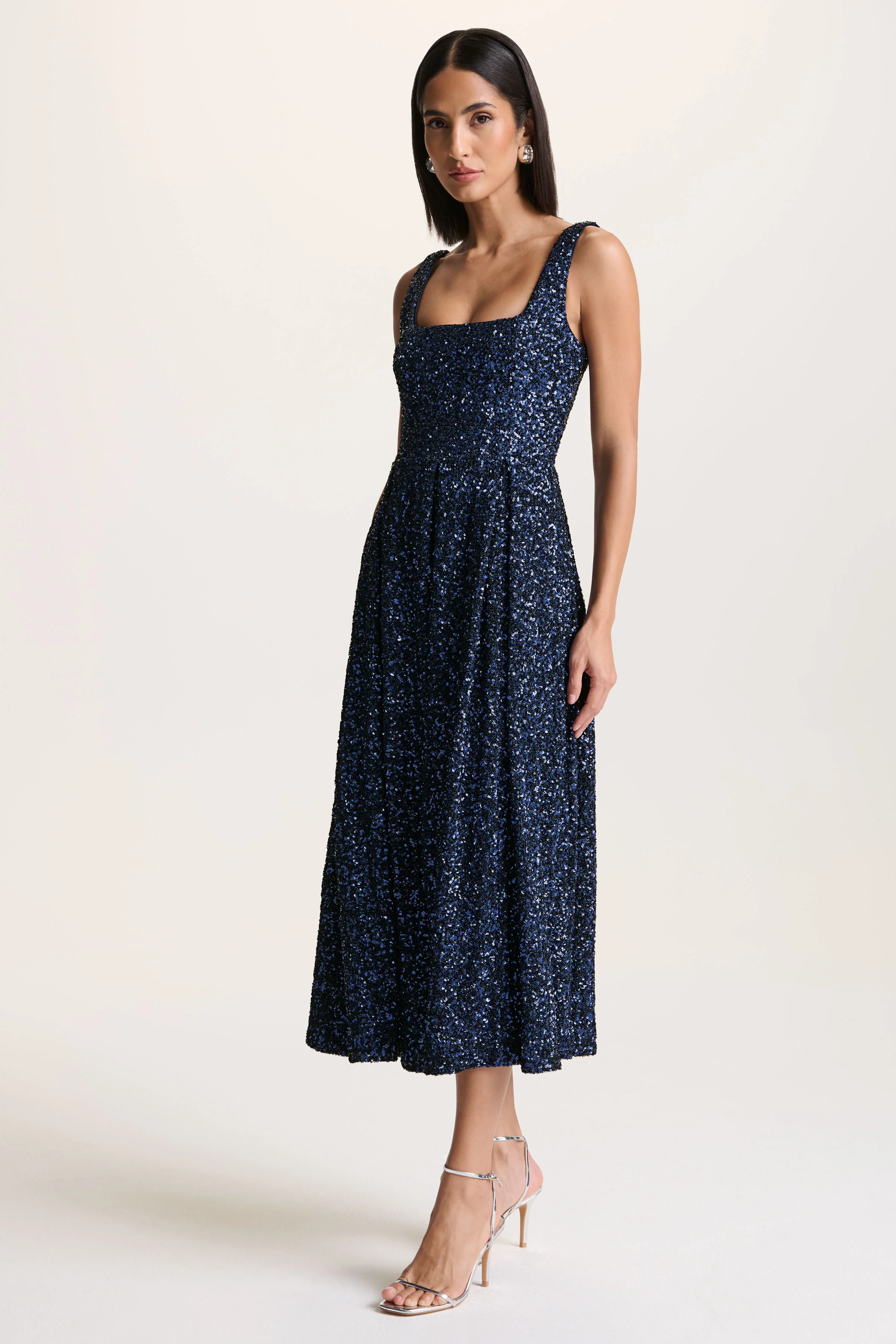 Lima | Navy Sequin Square-Neck A-Line Midi Dress - Image 5
