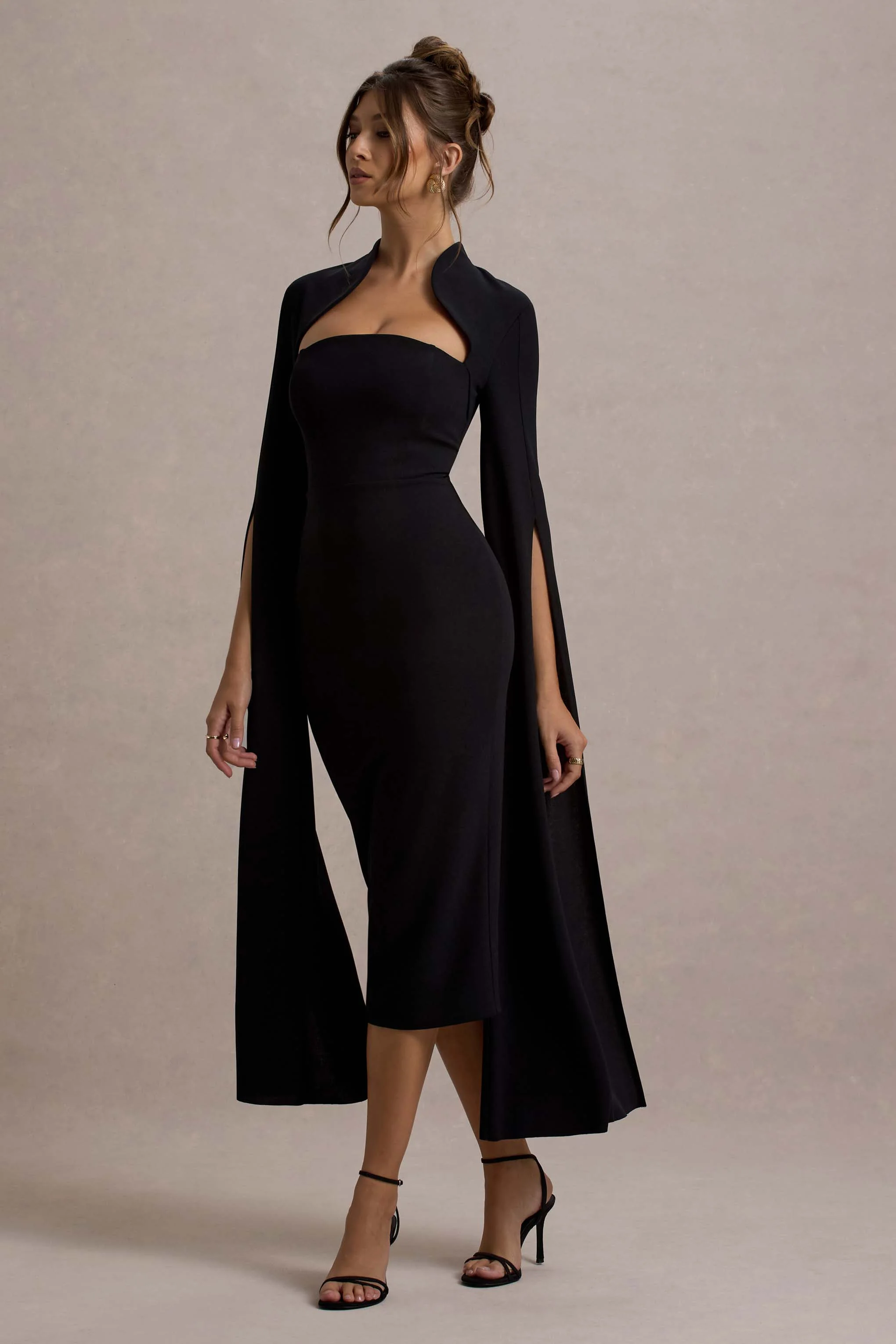 Linden | Black Bodycon Cape-Sleeve Midi Dress - Image 4