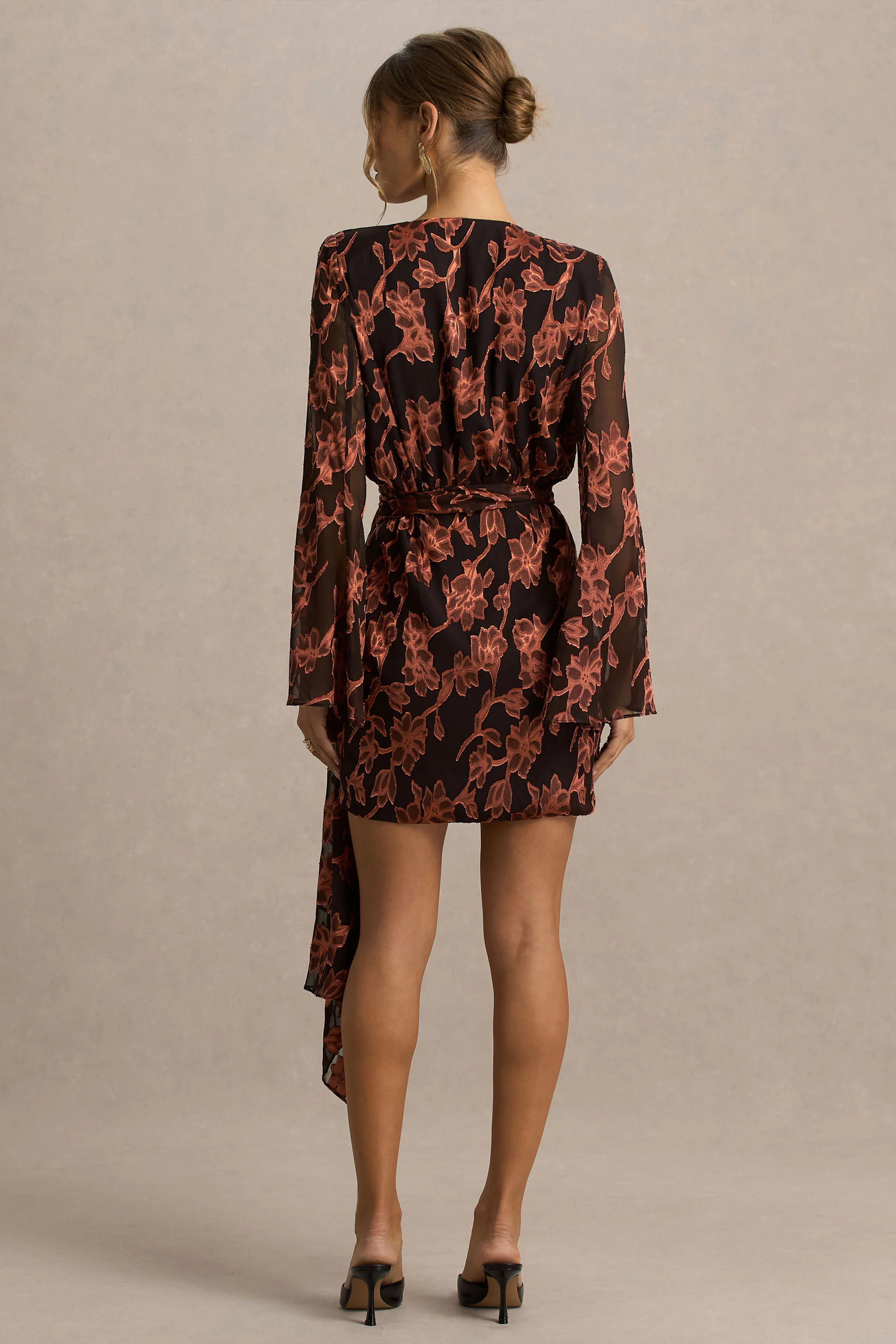 Lindsey | Black And Rust Plunge-Neck Wrap Mini Dress With Bell Sleeves And Sash Detail - Image 2