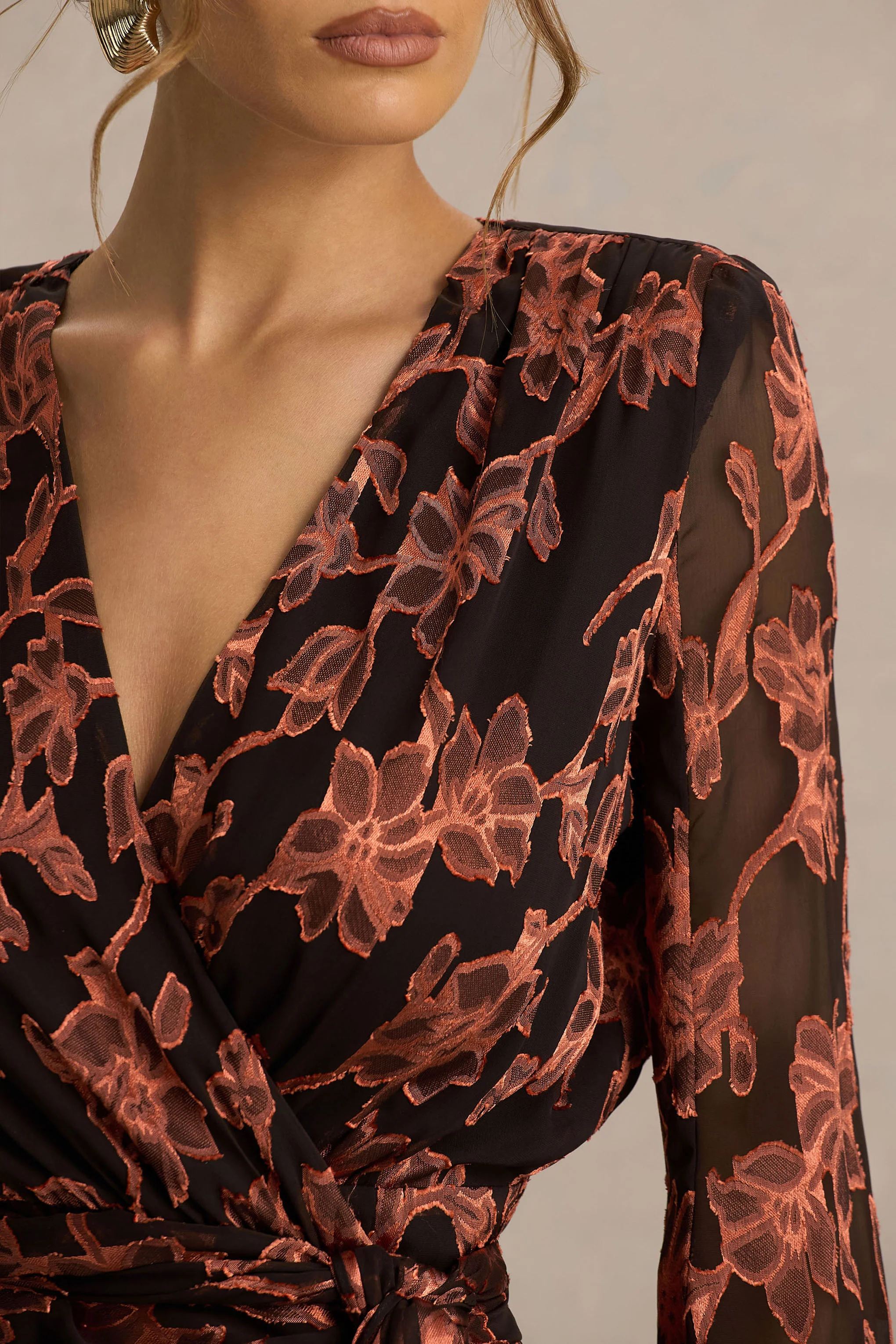 Lindsey | Black And Rust Plunge-Neck Wrap Mini Dress With Bell Sleeves And Sash Detail - Image 3