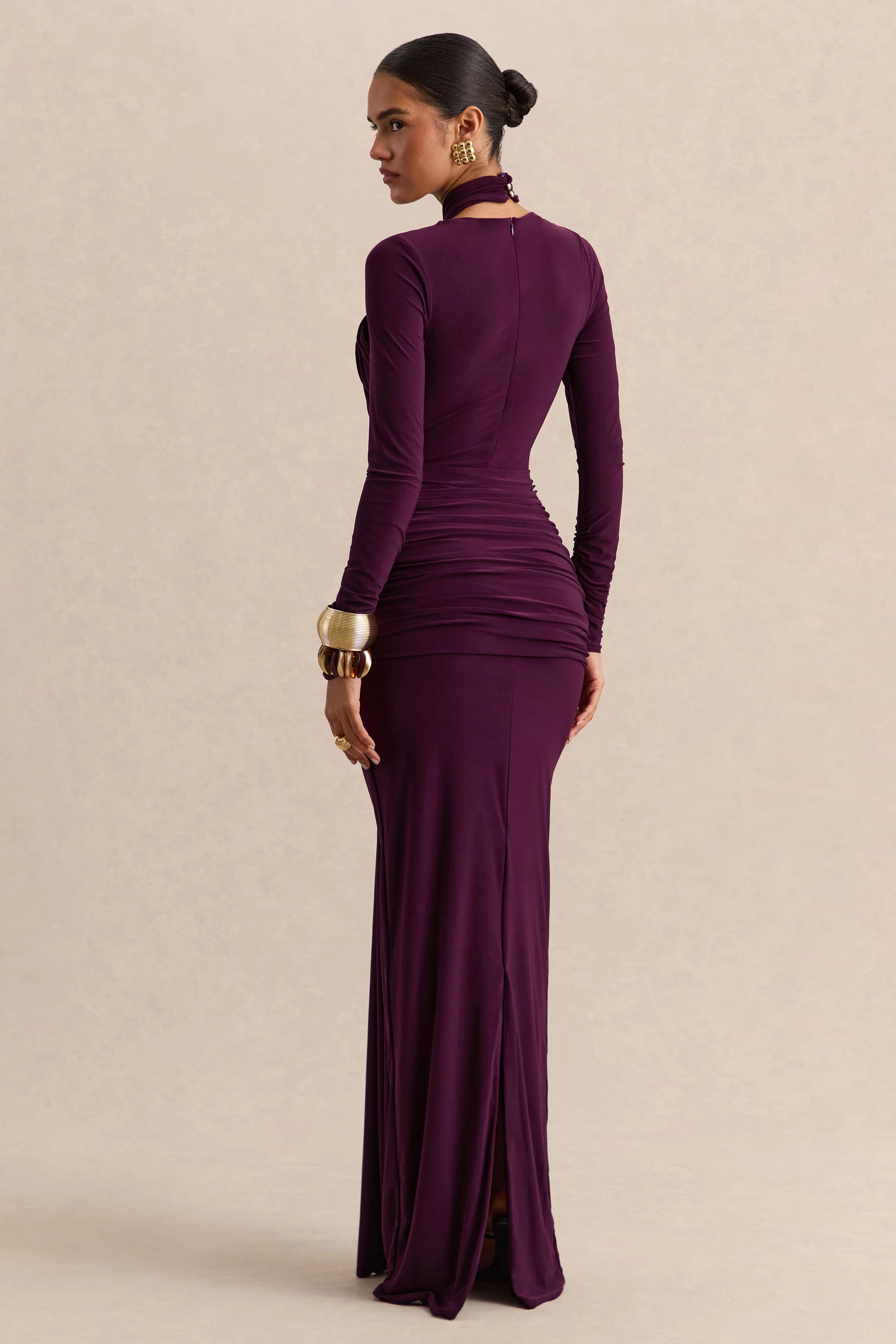 Linessa | Dark Plum High-Neck Maxi Dress With Sash And Gathered-Detailing - Image 2