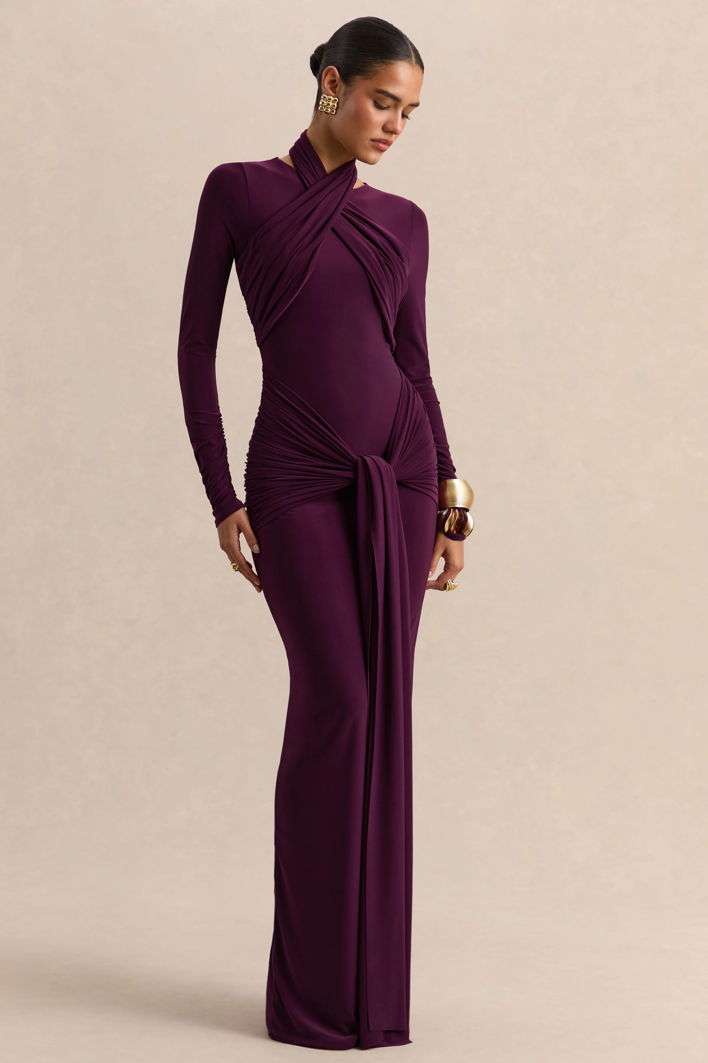 Linessa | Dark Plum High-Neck Maxi Dress With Sash And Gathered-Detailing - Image 6