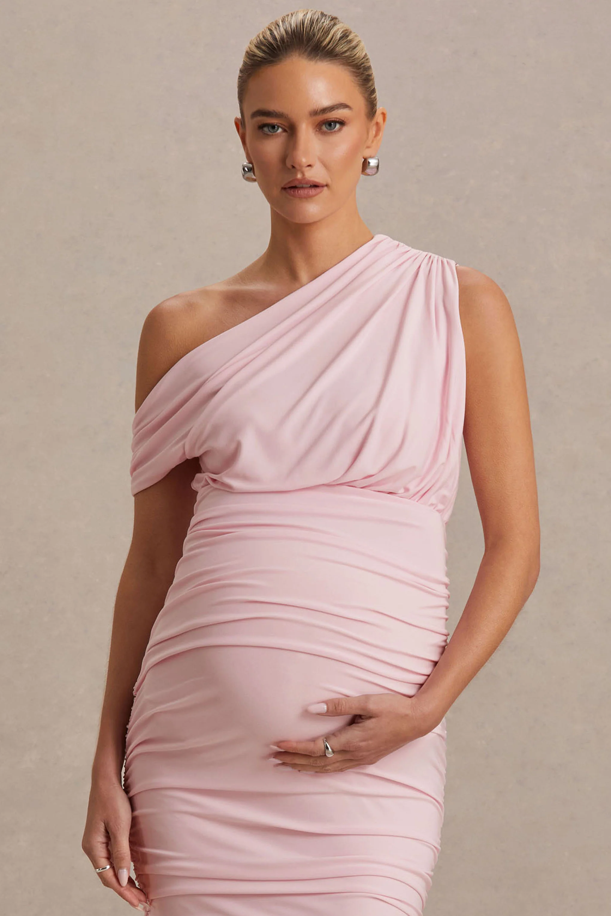 Linnea | Blush Pink Asymmetric-Neck Maternity Midi Dress - Image 6