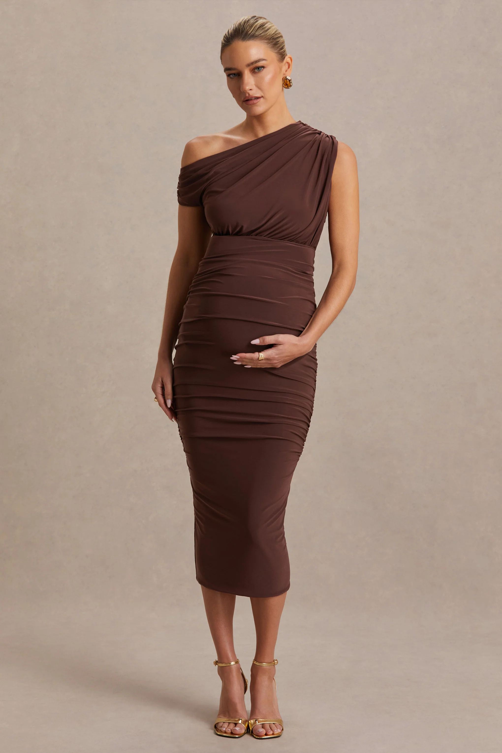 Linnea | Brown Asymmetric-Neck Maternity Midi Dress - Image 4