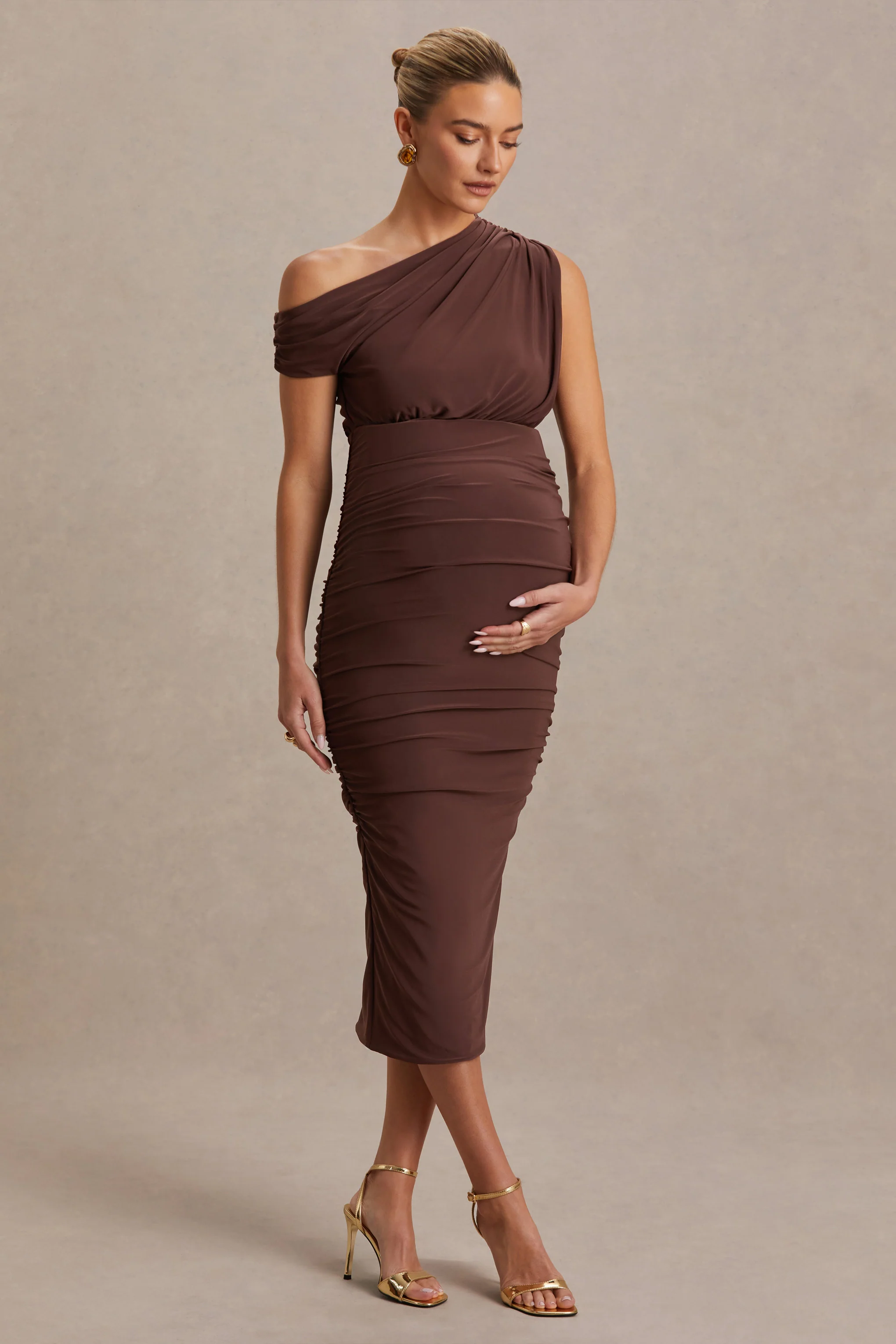 Linnea | Brown Asymmetric-Neck Maternity Midi Dress - Image 5