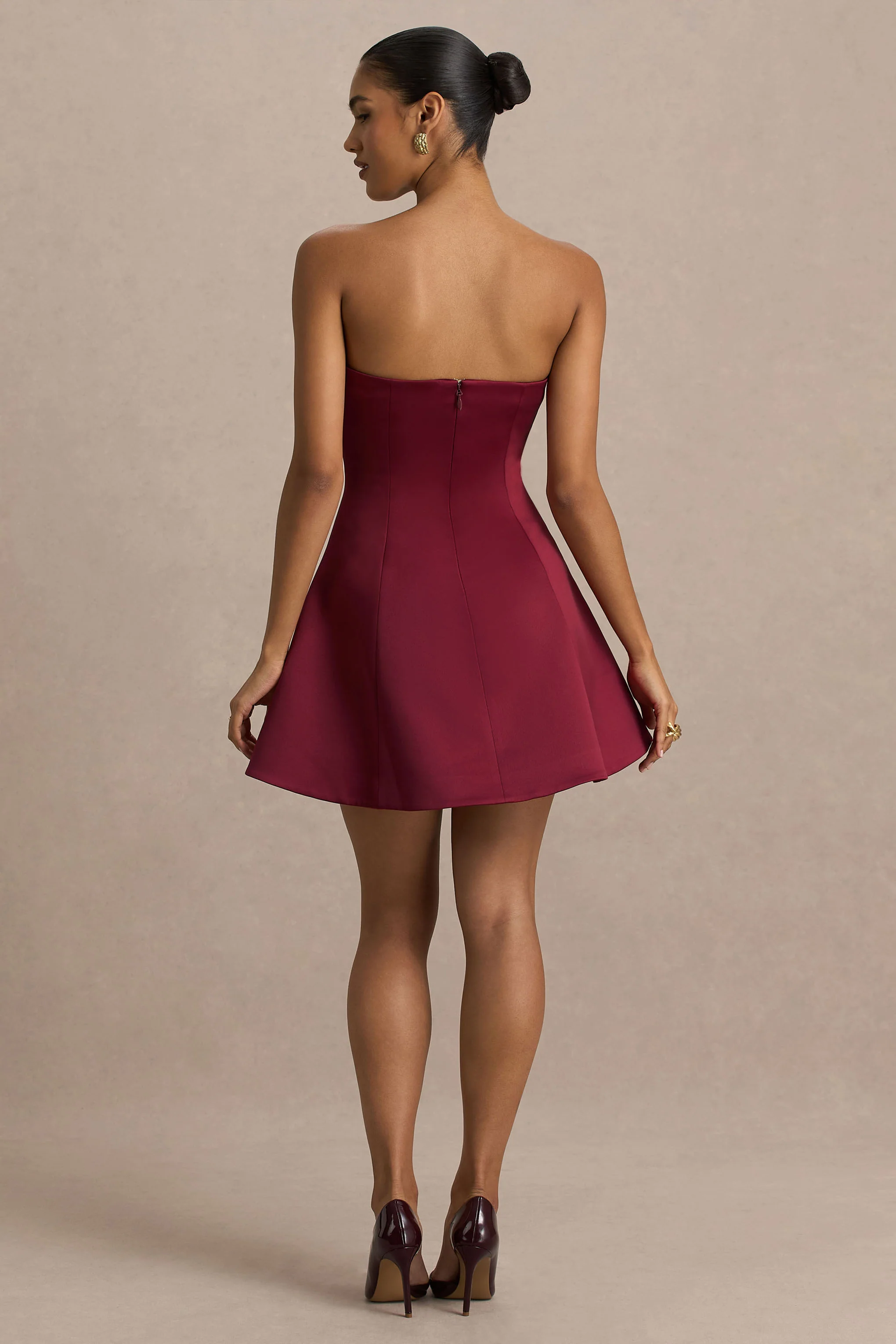 Lioray | Burgundy Satin Bandeau-Neck A-Line Mini Dress - Image 2