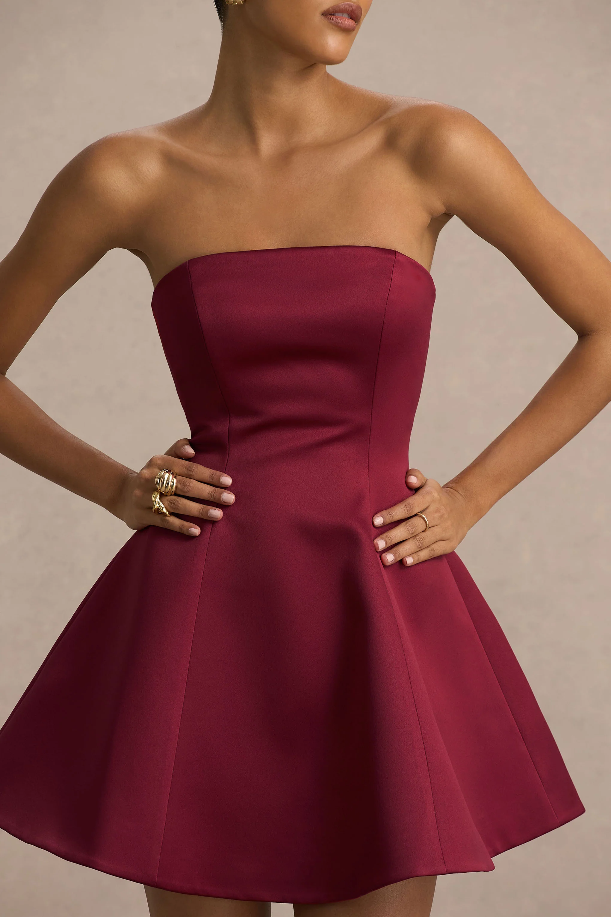 Lioray | Burgundy Satin Bandeau-Neck A-Line Mini Dress - Image 3