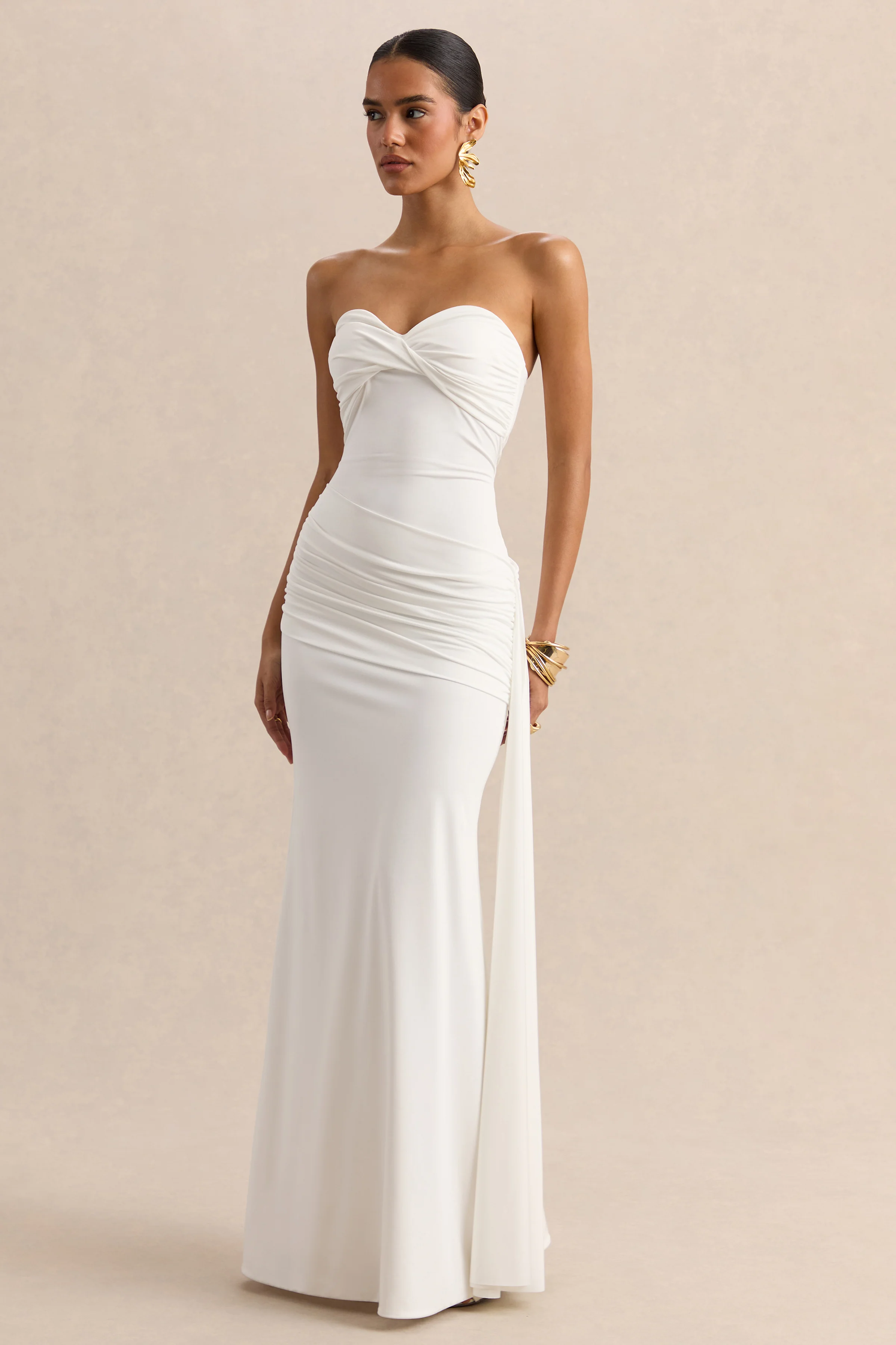 Liramine | White Bandeau Maxi-Dress With Gathered-Detailing And Sash - Image 5