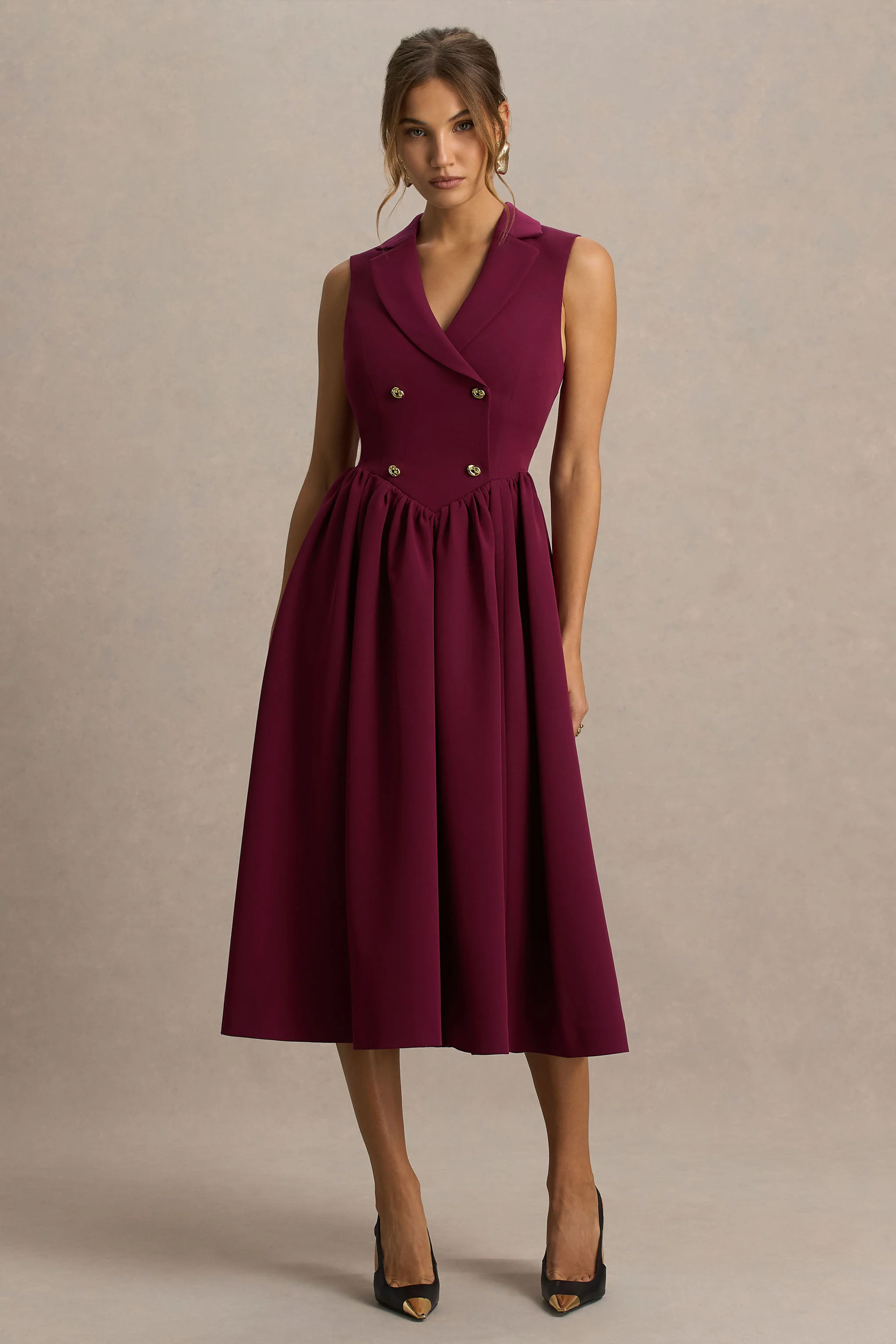 Lisa | Burgundy Plunge-Neck Tailored Midi Dress With Button-Detailing - Image 4