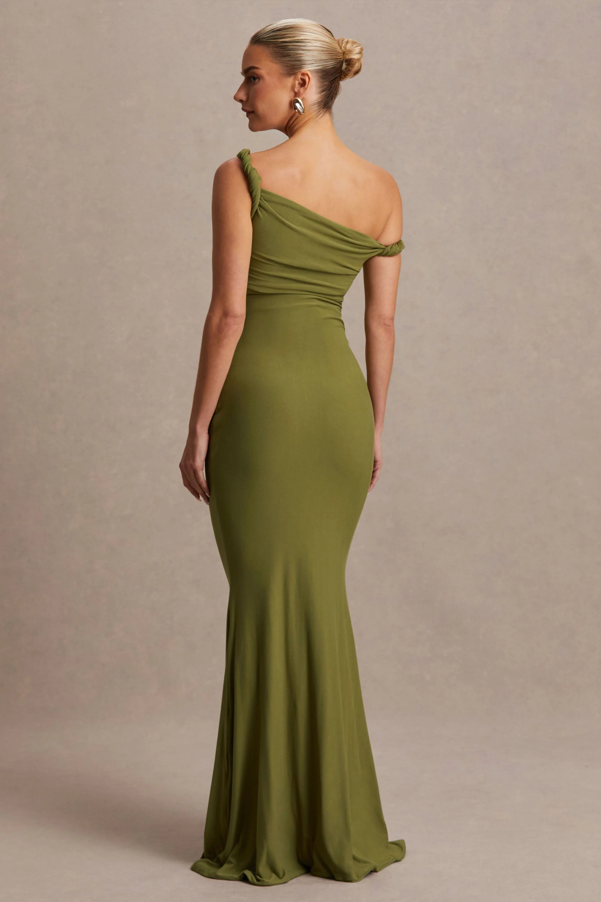 Lita | Olive Twisted Asymmetric Maternity Maxi Dress - Image 3