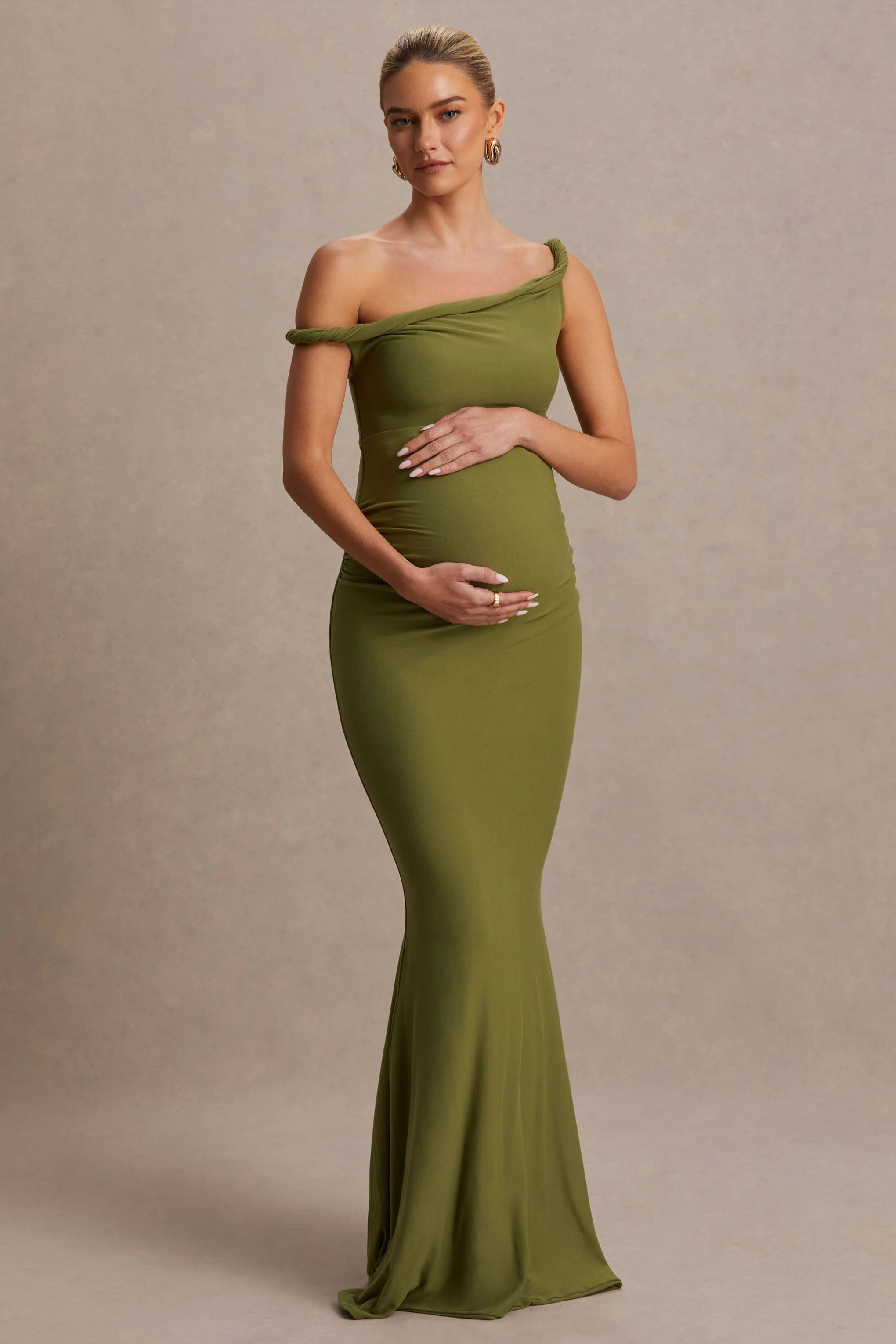 Lita | Olive Twisted Asymmetric Maternity Maxi Dress - Image 5