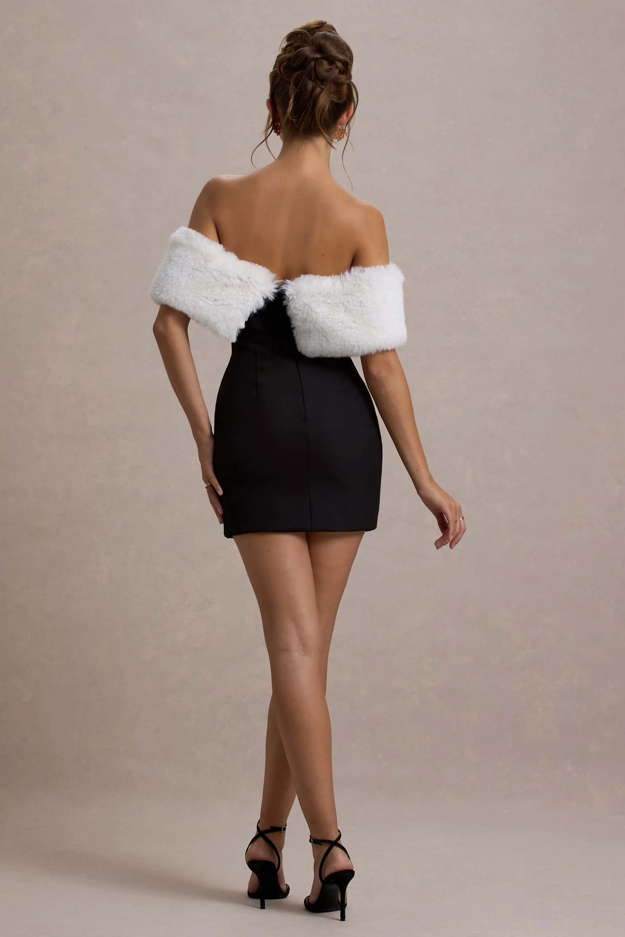 Little Luxe | Black Bardot Mini Dress With White Fur Trim - Image 2
