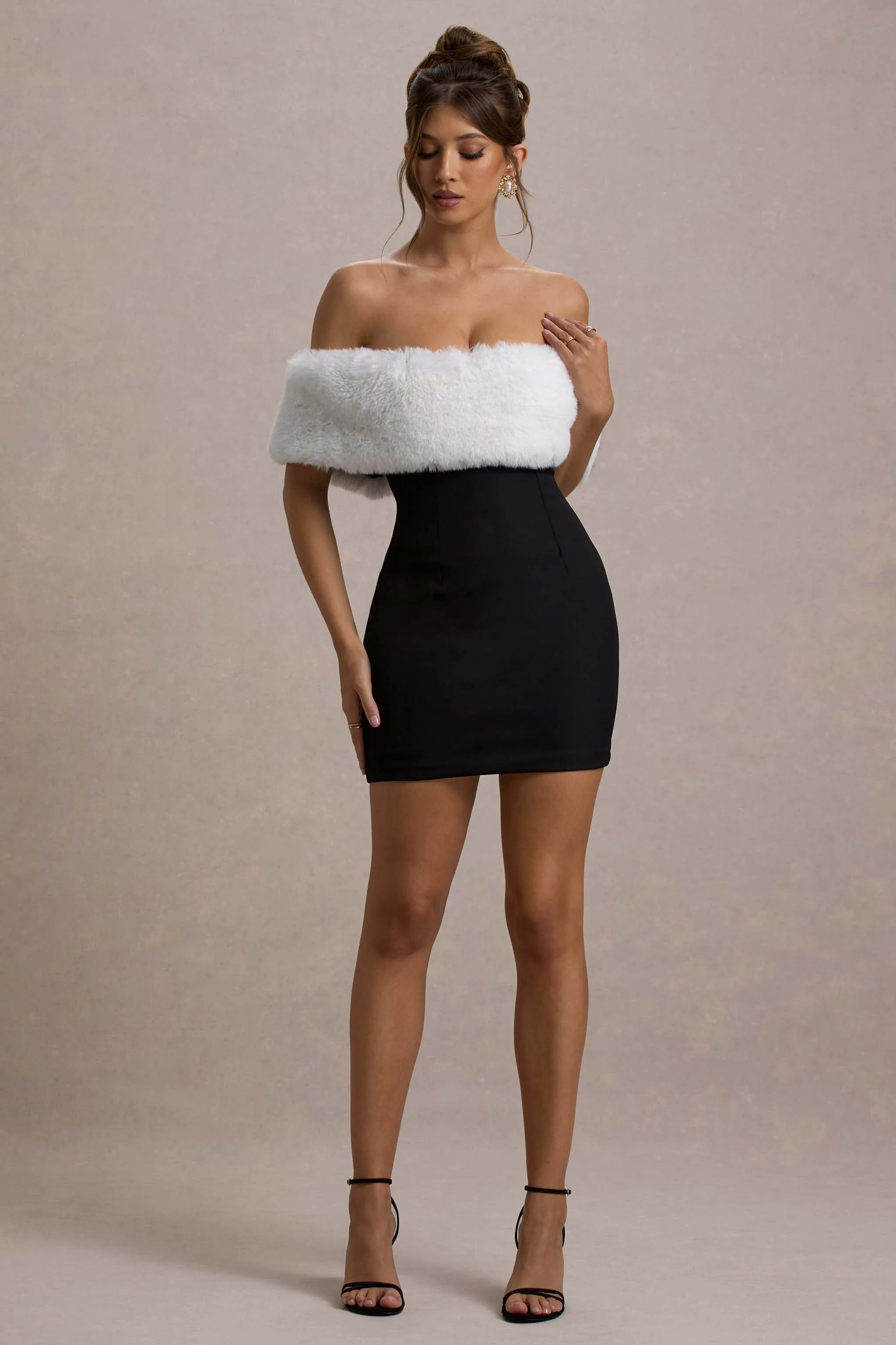 Little Luxe | Black Bardot Mini Dress With White Fur Trim - Image 4