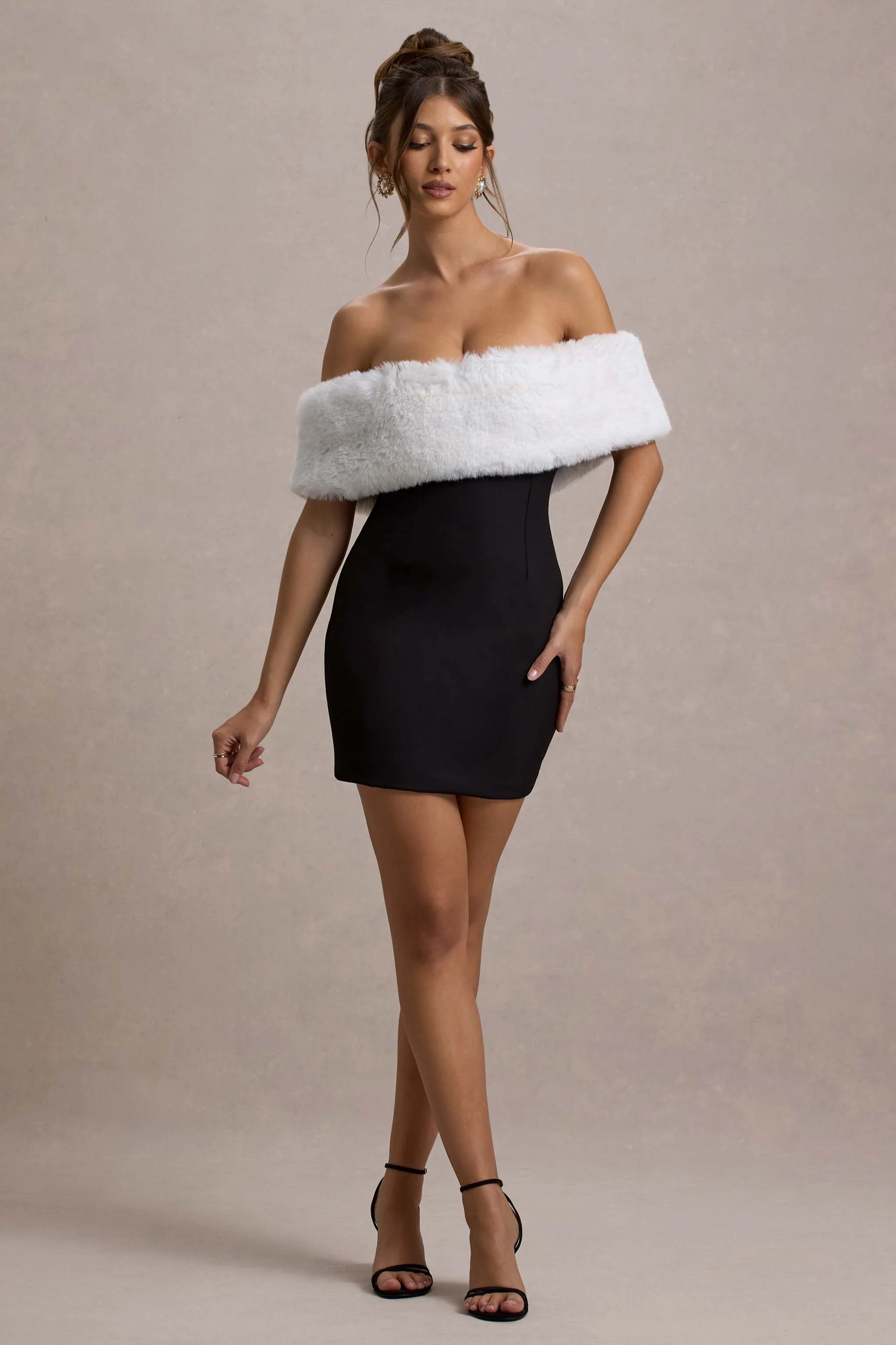 Little Luxe | Black Bardot Mini Dress With White Fur Trim - Image 5