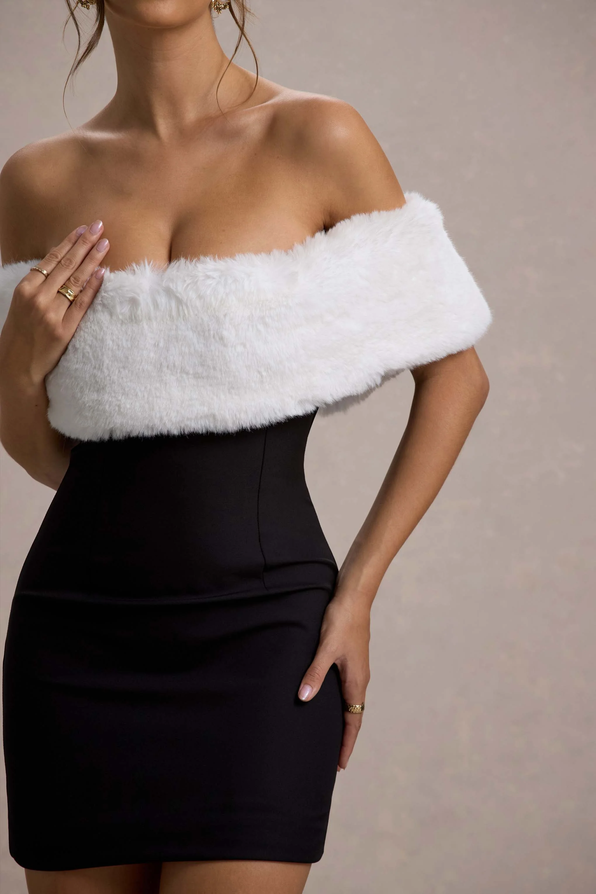 Little Luxe | Black Bardot Mini Dress With White Fur Trim - Image 6