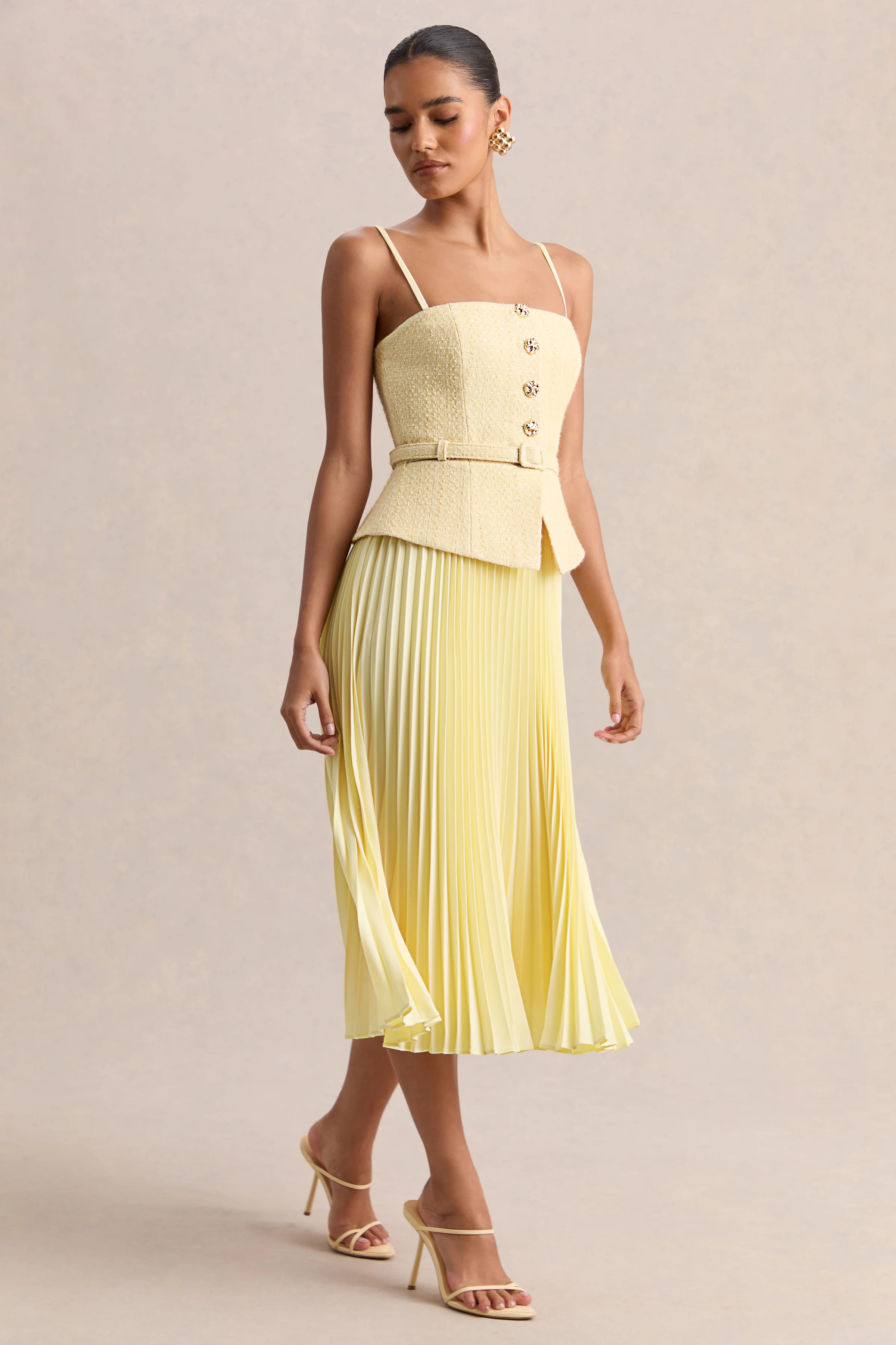 Lizzy | Lemon Square-Neck Midi Dress With Pleated-Skirt - Image 4