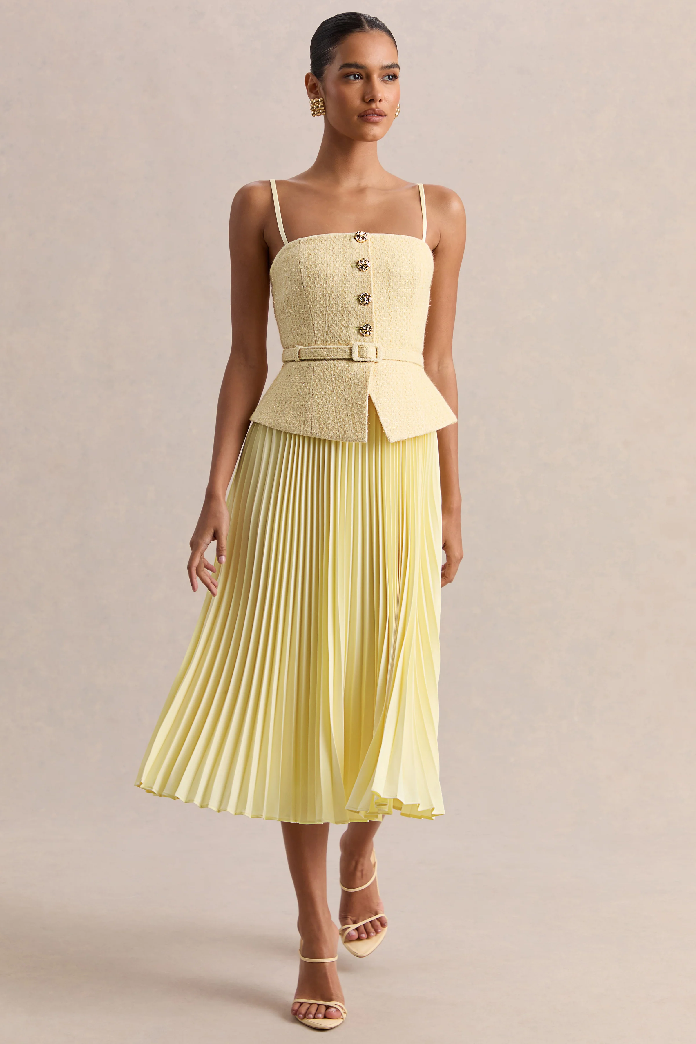 Lizzy | Lemon Square-Neck Midi Dress With Pleated-Skirt - Image 5