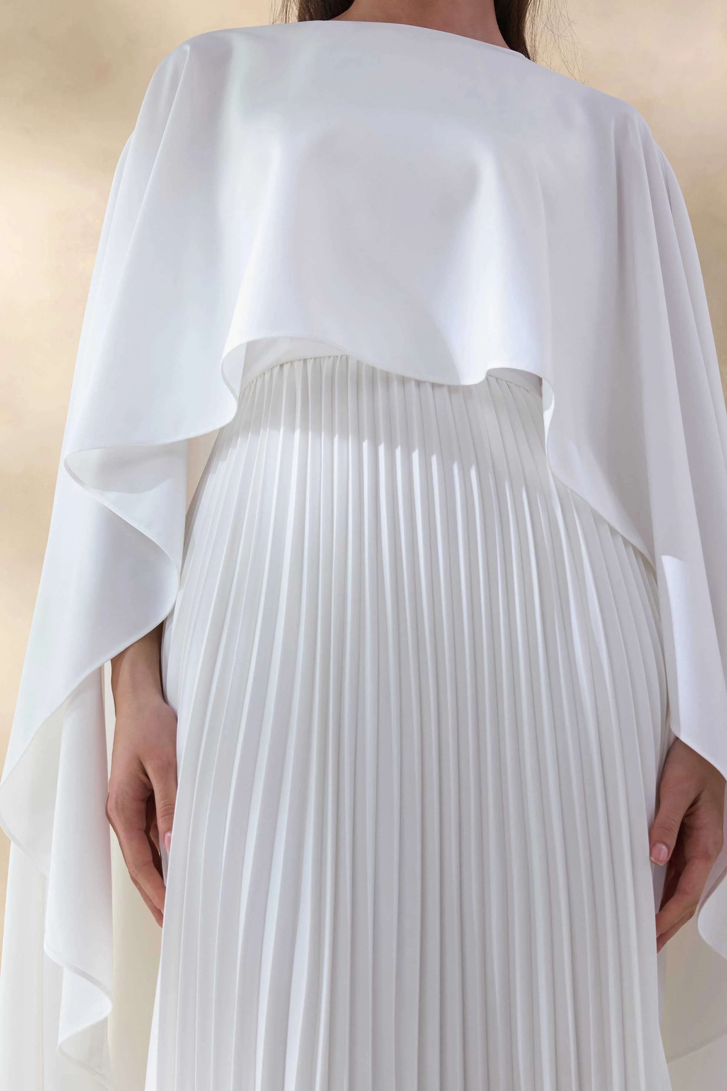 Loradia | Cream Satin Round-Neck Maxi Dress With Cape-Sleeves And Pleated-Skirt - Image 6