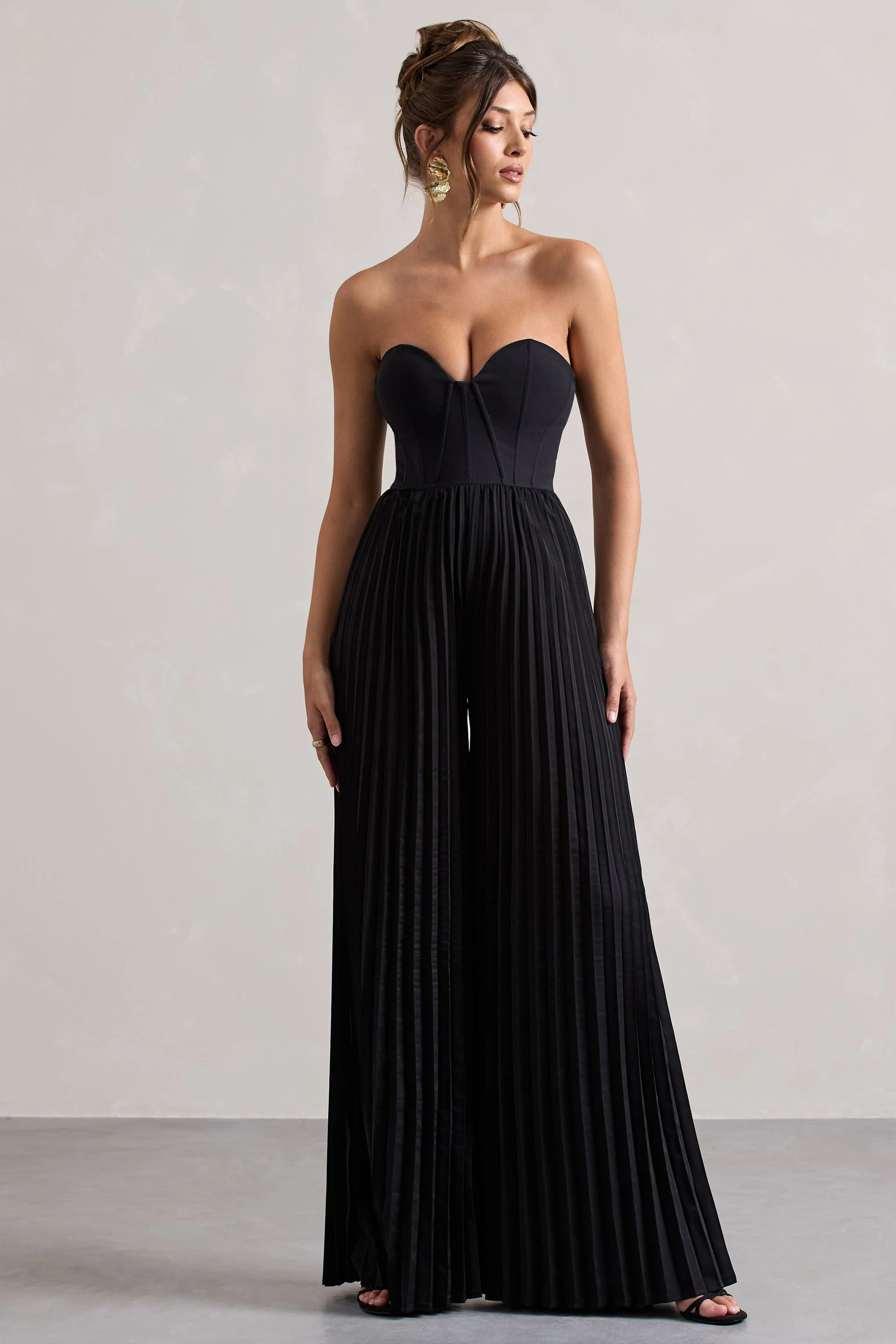 Lorelai | Black Corset Plisse Wide-Leg Jumpsuit - Image 4