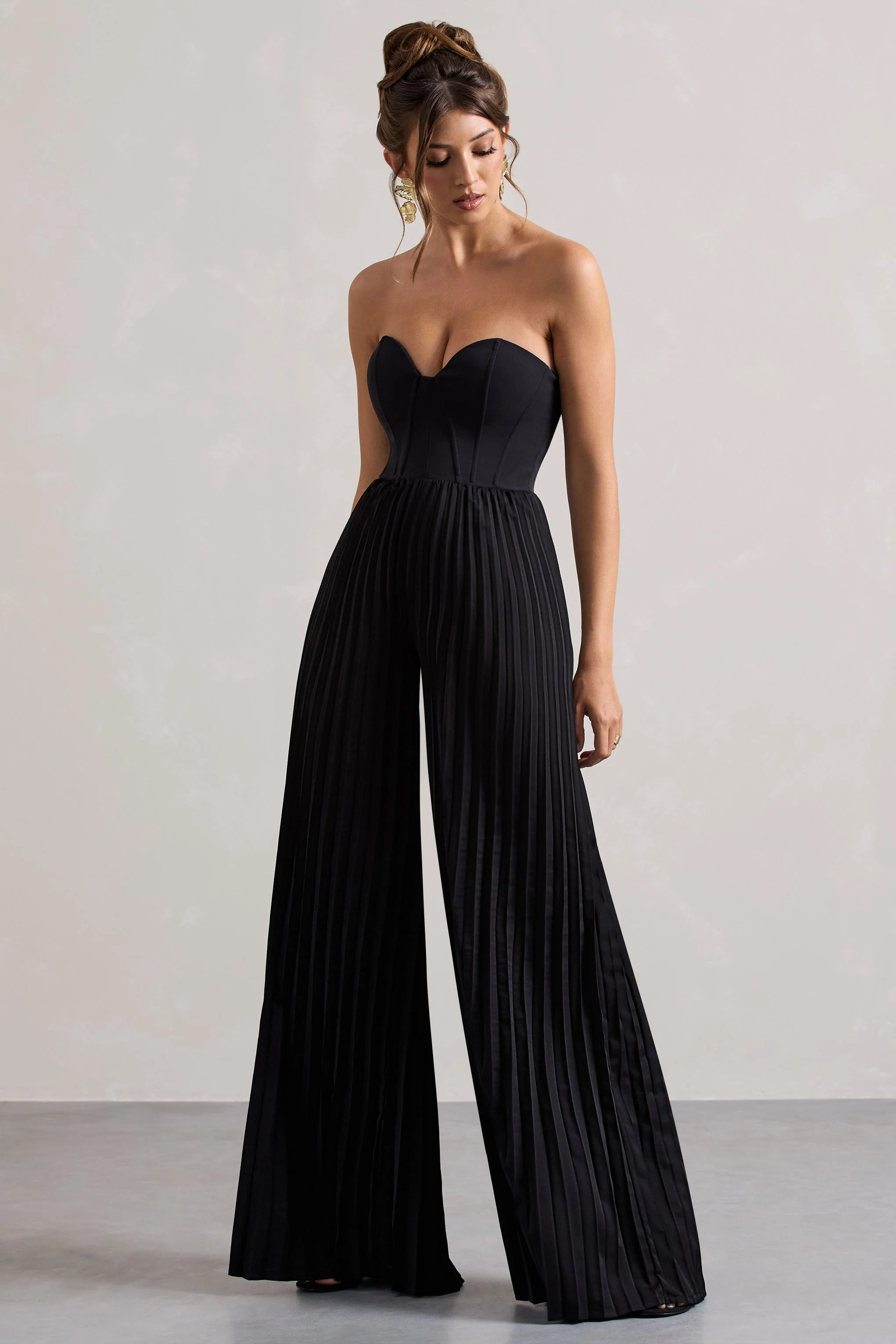 Lorelai | Black Corset Plisse Wide-Leg Jumpsuit - Image 5