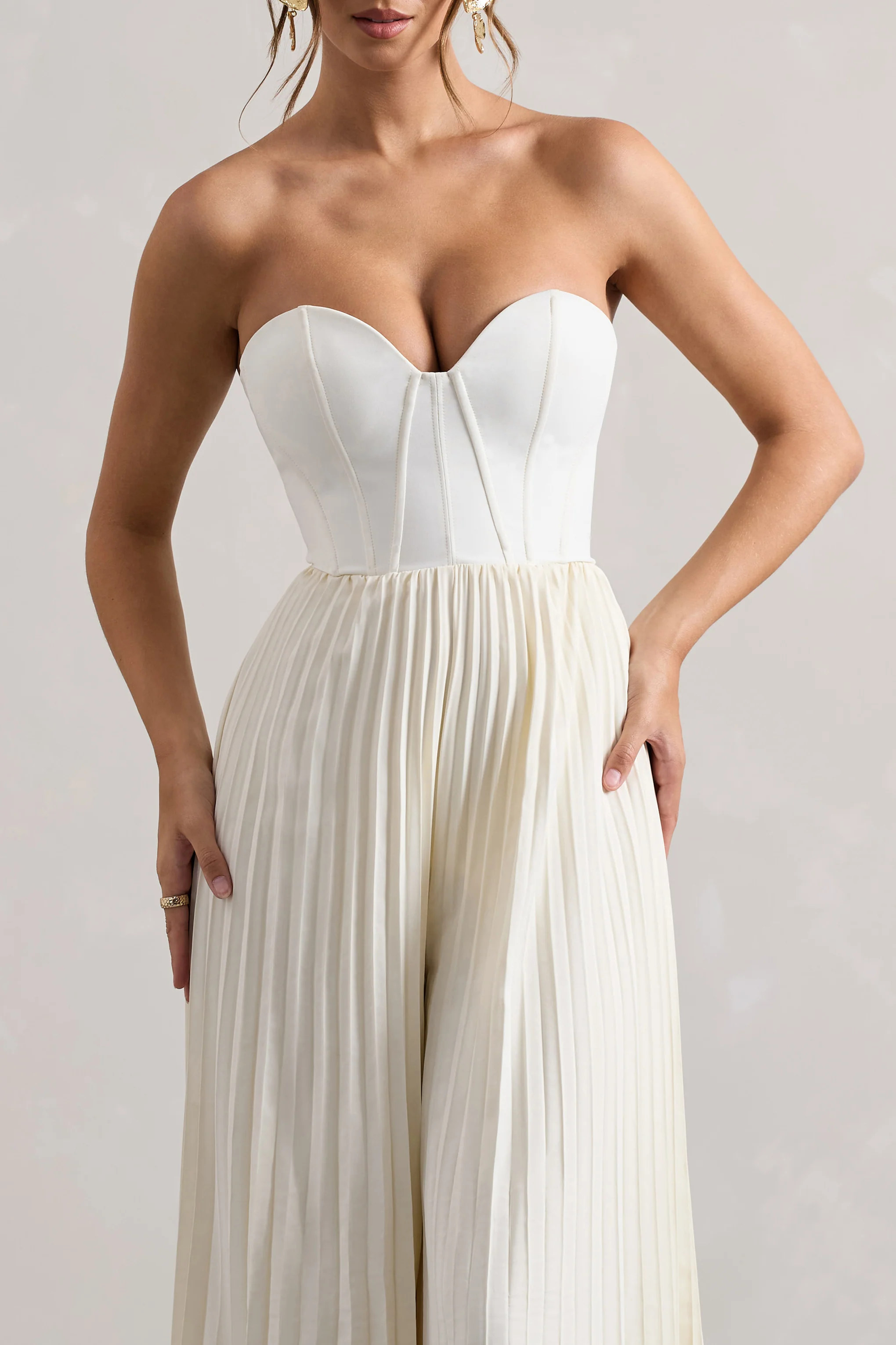 Lorelai | Cream Corset Plisse Wide-Leg Jumpsuit - Image 3
