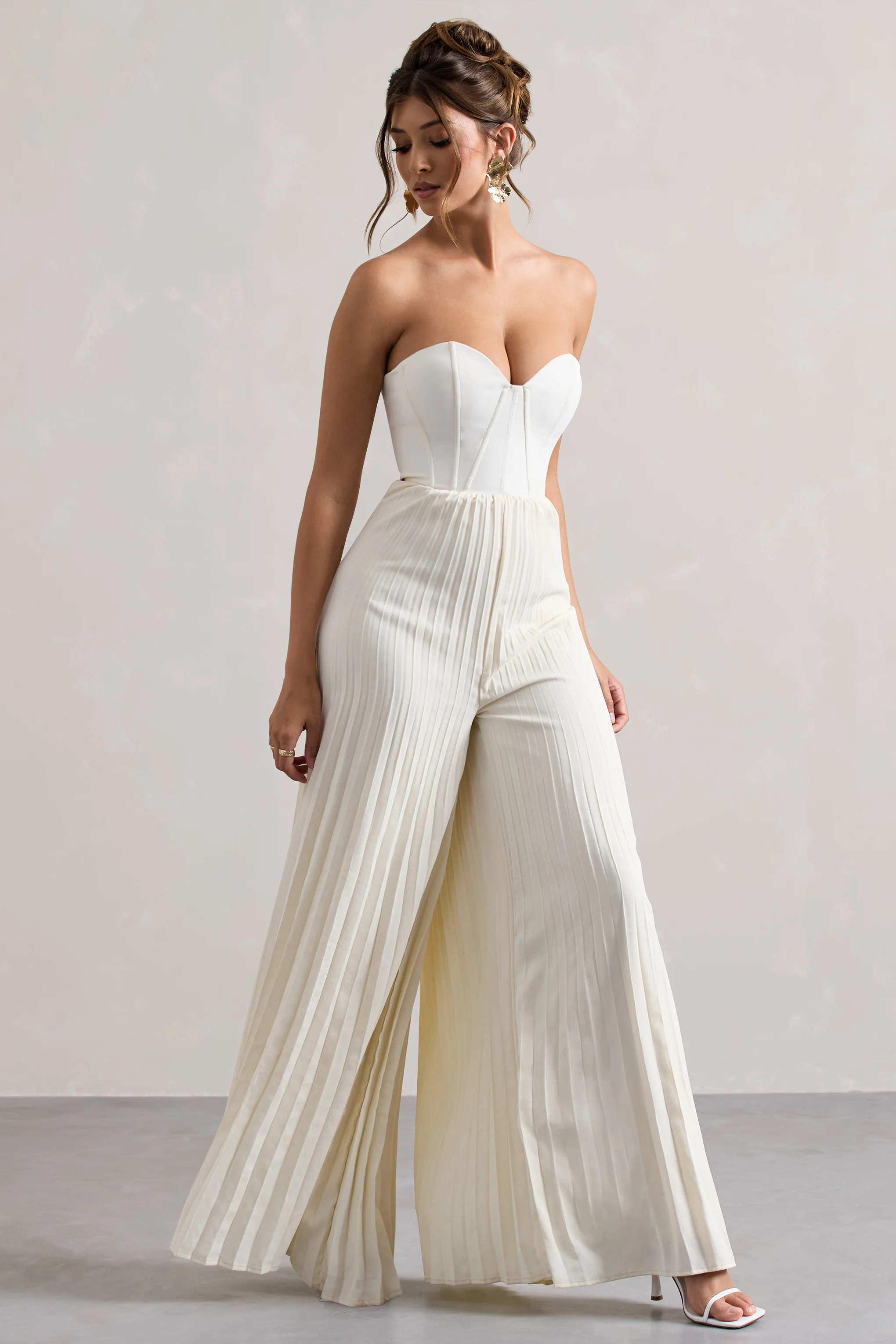 Lorelai | Cream Corset Plisse Wide-Leg Jumpsuit - Image 4