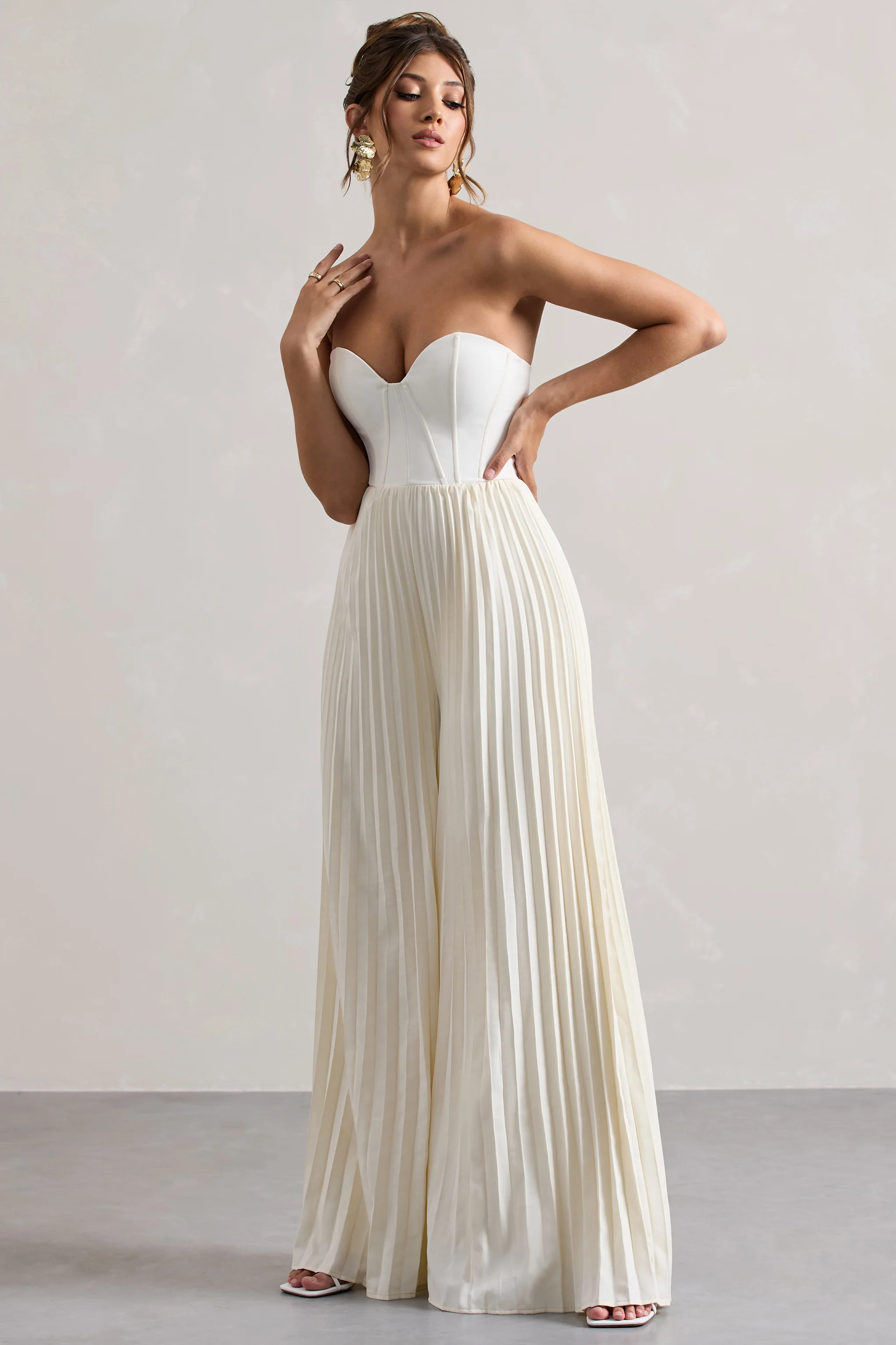Lorelai | Cream Corset Plisse Wide-Leg Jumpsuit - Image 5