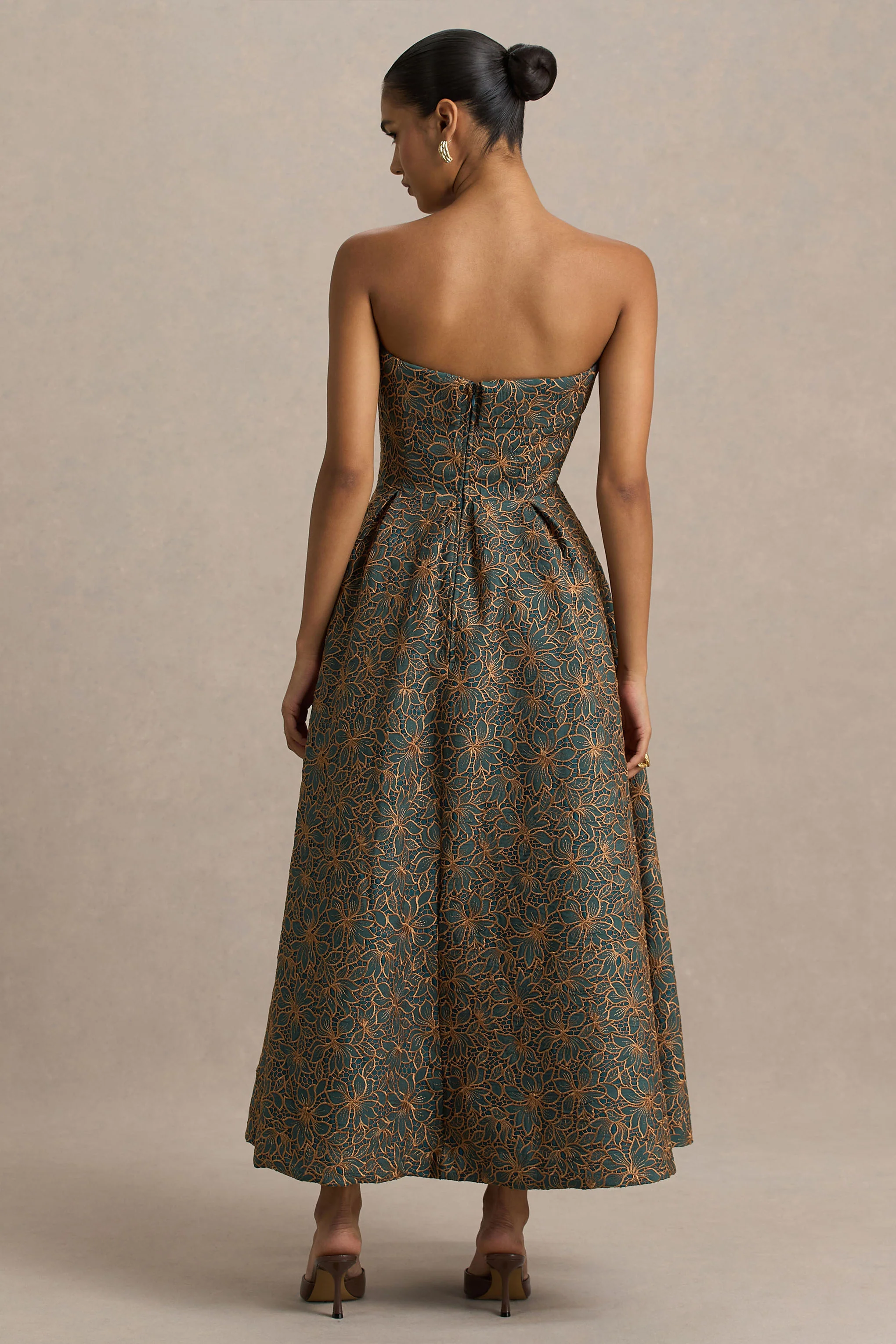 Loretta | Dark Green And Rust Embroidered Bandeau Midi Dress - Image 2